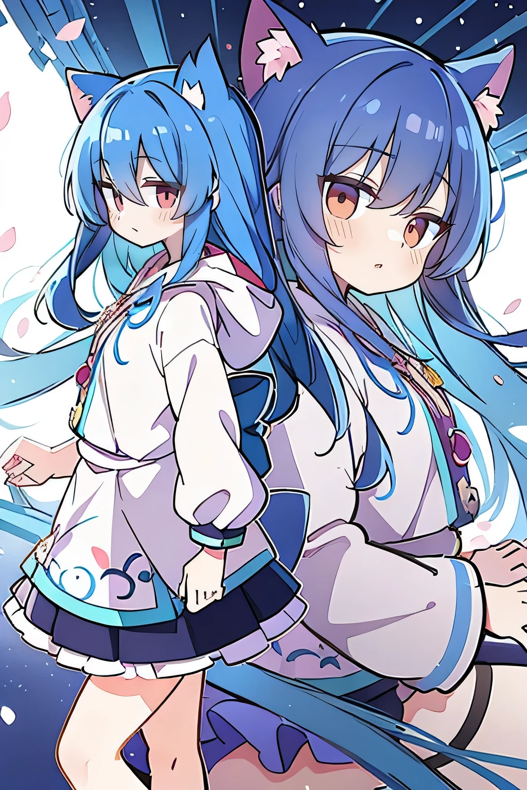 （masterpiece：1.2），Super detailed，lifelike，Expressive eyes，fair skin，perfect face shape，1 girl，
Japanese comics,Gorgeous blue hair,flowing blue hair,flowing clothes,Cat ears,Petals fall,beautiful lola,Baby Angel,sunrise,
Shaking head with one hand，Cross your legs，Gentle and peaceful background，The pavilion is cool and comfortable,smile, wearing hoodie, background of tokyo,back views,snowing, winter.