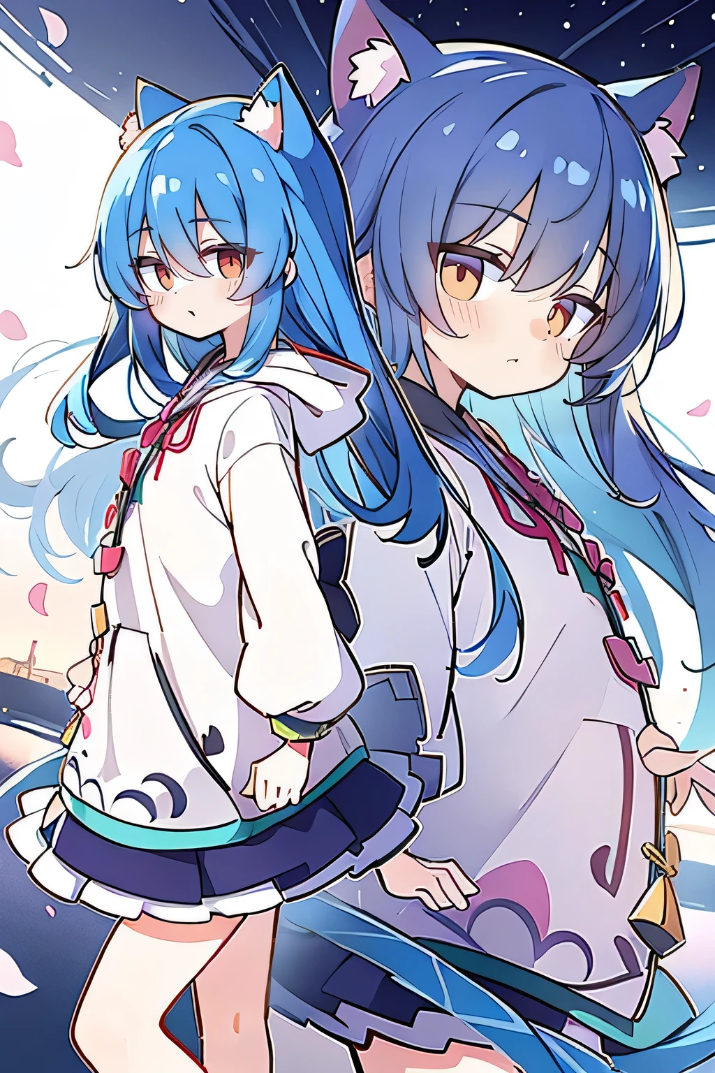 (masterpiece:1.2),Super detailed,lifelike,Expressive eyes,fair skin,perfect face shape,1 girl,
Japanese comics,Gorgeous blue hair,flowing blue hair,flowing clothes,Cat ears,Petals fall,beautiful lola,Baby Angel,sunrise,
Shaking head with one hand,Cross your legs,Gentle and peaceful background,The pavilion is cool and comfortable,smile, wearing hoodie, background of tokyo,back views,snowing, winter.
