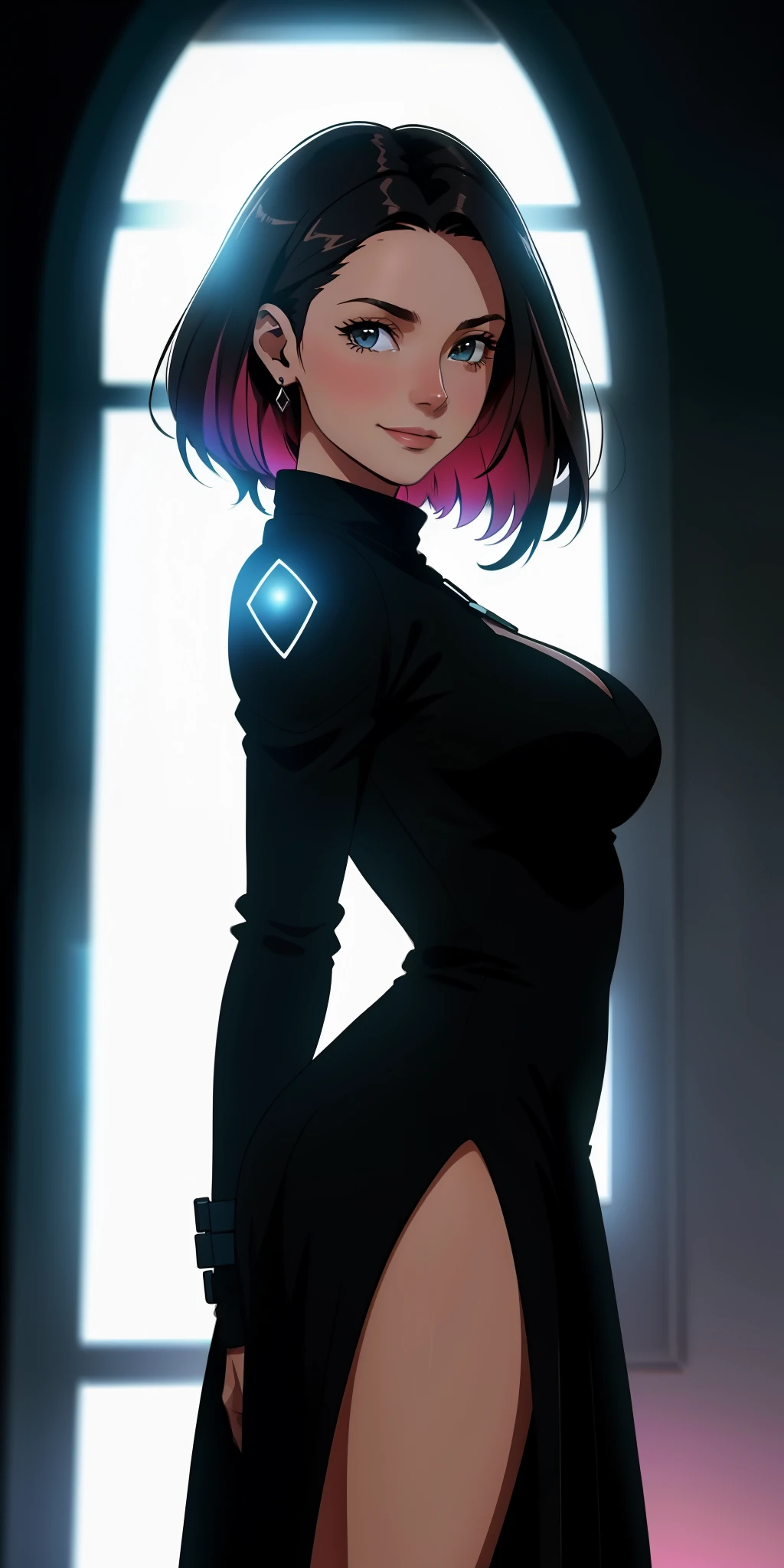 uma foto retrato de mulher jovem, vestido sci-fi, mulher negra, cabelo curto, corpo inteiro, nave espacial, fundo desfocado, smiling and looking at the camera, standingn, raios solares, window lighting, hdr, antialiased, 8k, sharpened details, (hdr:1.2), (cores silenciadas:1.2), foto RAW, grain of film, Fujifilm XT3,  [Victoria Beckham],[[KateBeckinsale]],[[[Jenna Coleman]]],[[[Tricia Helfer]]]