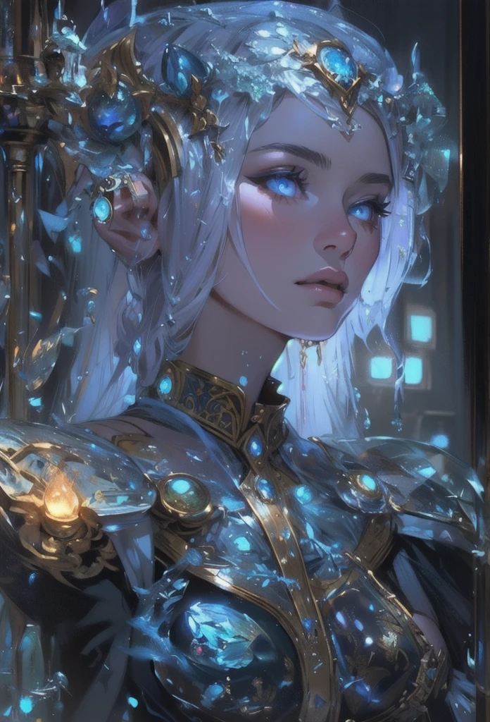 Realism, painting, Fantastic fairy tale, fantastic style, John Tolkien style, small painting by Jean-Baptiste Mo, Close-up. Diamonds + glass beads +beads+ filigree jewelry+ Lush large open female bust + lack of clothes + sensual princess Rapunzel + cleavage + the thinnest transparent lavender tulle, with a lively natural structure of dry skin and pores, mystical morning lighting, a book image in the RPG genre, an image from "Dungeons and Dragons", a fantasy image.