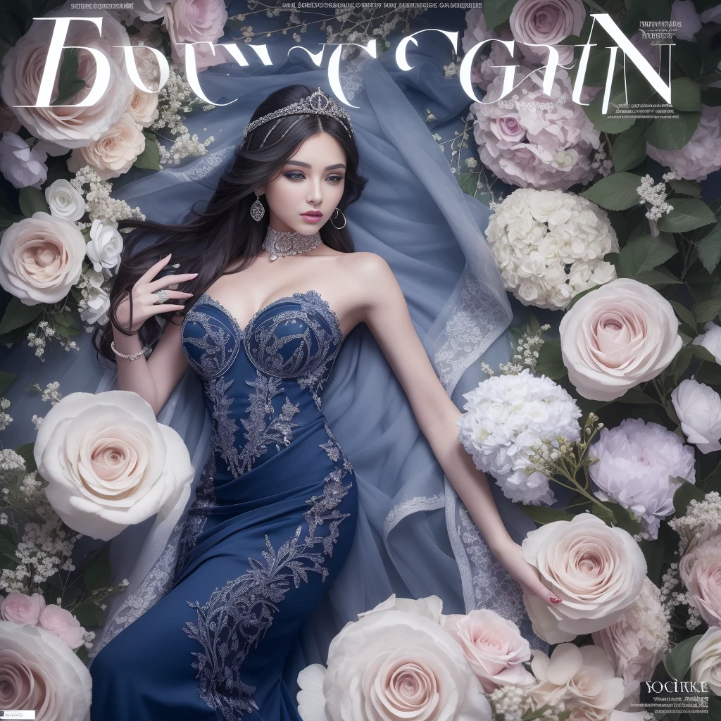 Present something attractive "Fashionista" Magazine Cover, white and darkblue themed design. Our cover young model girl is the embodiment of beauty and charm, with balcony,Captivate all with her stunning presence. Flowing silver hair flows down gracefully, Perfectly harmonized with elegant and elegant makeup. Her piercing ocean blue eyes draw you in, Reflects depth and charm, Although her lips resemble delicate rose petals, In addition to her enchanting charm. Wearing a breathtaking sleek mini lace gown, Decorated with intricate precious metals and jewelry decorations, She embodies the essence of elegance and luxury in a bright darkblue shade. The dress emphasizes her beauty, Introducing her as the epitome of sophistication and talent. The cover background is a visual marvel, Features a harmonious blend of delicate petals and shimmering gemstones, Create an atmosphere of ethereal beauty. Flowers add a touch of romance and charm, Although gems shimmer like precious treasures, Enhance the appeal of a scene. This "Fashionista" Magazine cover celebrating the charm of darkblue, Captivates readers with the touching beauty of stunning models decorated with ornate and intricate ensembles. With its luxurious charm and graceful finesse, The cover is、Promises an enchanting journey into the world of fashion and style, An indispensable item in the collection of every fashionista.