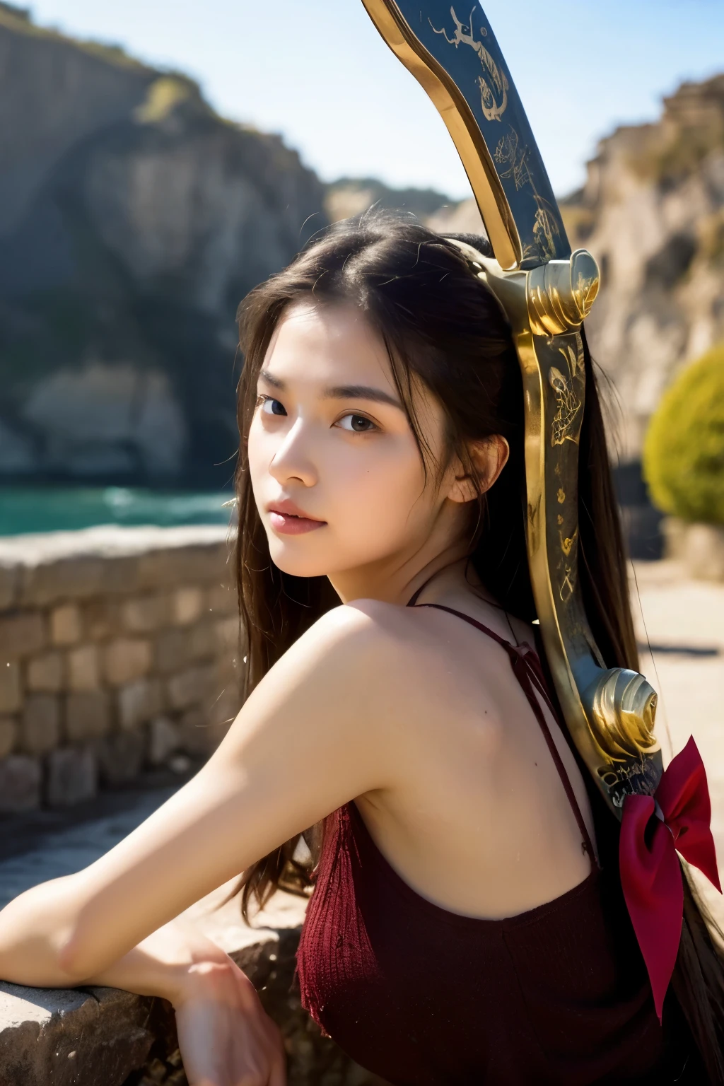 ((best quality)), ((masterpiece)), (detailed), ((perfect face)) photorealistic, A sexy asian woman is sitting near the beach with his bow and arrow, with blue eyes, she looking towards a dragon that is in the distance. The scene seems to be set in a medieval-style village. There are other people around the area, possibly watching or preparing for the confrontation between the man and the dragon.