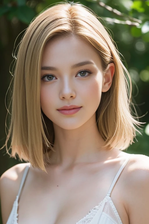 , 25 ans, delicate, poudre de contour, sexy, vêtements en papier, intricate details, French touch, cheveux de longueur moyenne, cheveux blonds, yeux bleus, sourire romantique, seductive look, bonne couverture, de nuit, éclairée par les flashes des photographes, skin details, pores de la peau, sexy, Samsung S22 Ultra digital camera, dans une foret humide