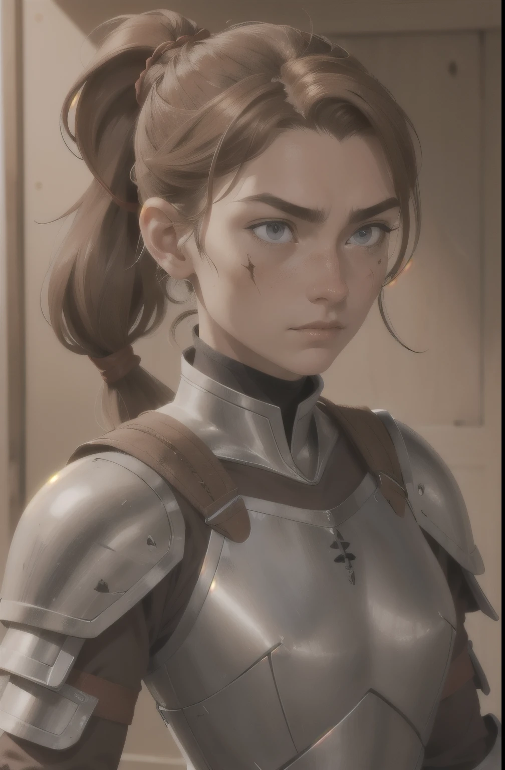 Girl knight in armor, Brown (light chestnut) long hair, Grey eyes, Red cheeks, horizontal scar on nose. The face is serious. hair tied up in a ponytail. The skin is pale. has bangs