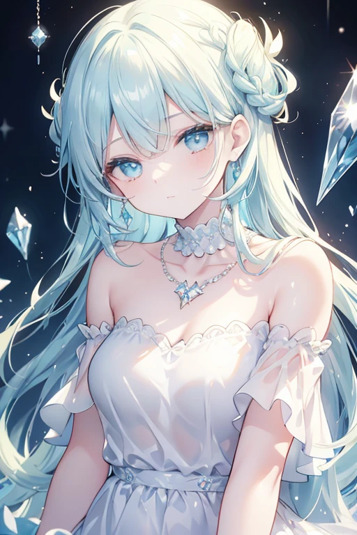 With braids,Shiny, Moist and crystal clear face,It has a lovely feel,Light cyan and light yellow color scheme,Wear a simple, solid off-the-shoulder T-shirt,Around his neck hangs a crystal clear silver necklace
