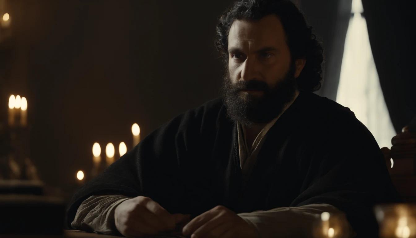 40-year-old man, curly balck hair and beard, 15th century sitting at a table, judge