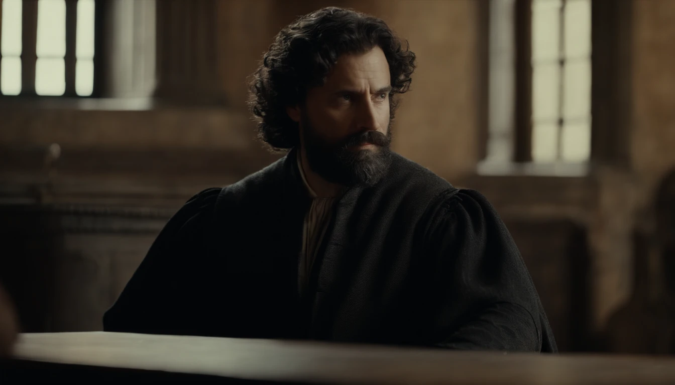 40-year-old man, curly balck hair and beard, 15th century sitting at a table, judge