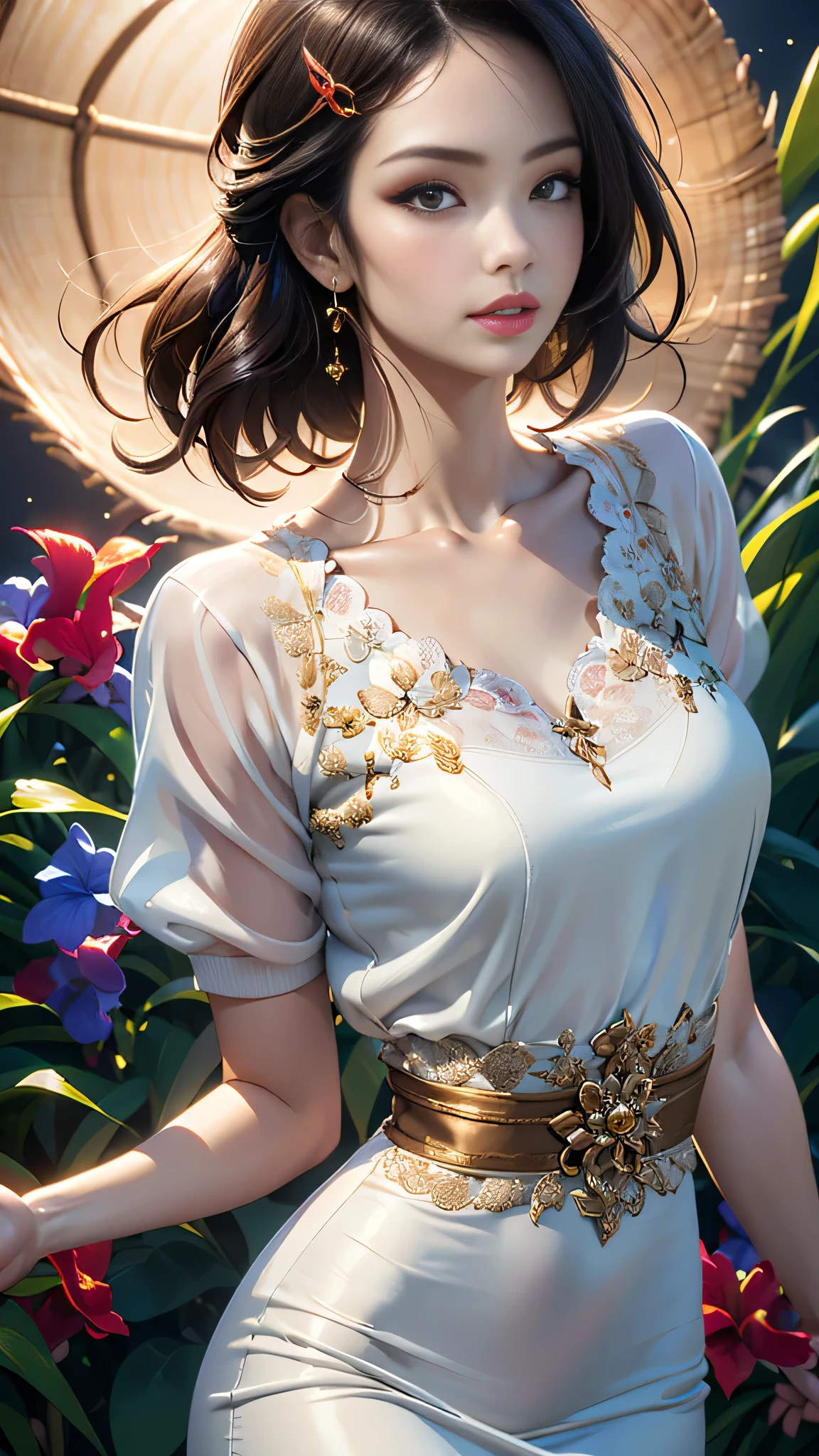 Generated in SFW, Real、(1 Female:1.37), Over-chest shot, (From the side:1.21), Japanese women, 28 year old supermodel, Skinny body, (very small head), (Very small face), (Perfect Anatomy:1.37), Make your body anatomically correct, (highest quality:1.4), 32k resolution, (Realistic:1.5), (超Real:1.5), High resolution UHD, (masterpiece:1.2)), (Improvement of quality:1.4), (Very beautiful facial details), (Highest quality realistic skin texture:1.4), Fit-fit uniforms, ((Shiny Dress:1.37)), Big earrings, Pearl Necklace, ((Black colorful floral background:1.15)), Accurate Fingers, Very detailed, Symmetrical eyes, Thin lashes, Sharpen your eyebrows, ((Very detailed portraits)), Red cheeks, 超Real eyes, Perfect Lips, Perfect Eyes, Perfect Iris, Natural Makeup, [Purple Lipstick], ((A great eye for quality:1.2)), (tired, Sleepy and satisfied:0.0), (Beautiful Lips:1.33), (Great nose:1.2), (Flat Chest), Tight waist, (Slim lower body), Brown Hair, (French twist hair:1.37), (Hair Clip), ((Realistic)), ((Sharp focus)), (Highest Resolution), ((The most ridiculous quality)), ((masterpiece)), Professional Cinema Lighting、（Perfect Body Proportions), (Perfect hands), （Perfect Fingers），(Oily skin:1.5)