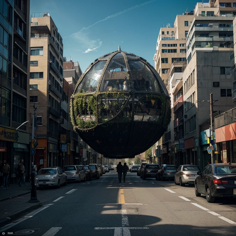 The album cover features a busy urban scene, with a busy street full of cars and people coming and going. In the center of the street, a mysterious and imposing cocoon stands out, contrasting with the urban scenery that surrounds it. The cocoon appears to pulse with energy, emitting an aura of transformation and renewal. The cover conveys a sense of expectation, mystery and potential, suggesting a theme of rebirth and evolution for the album.