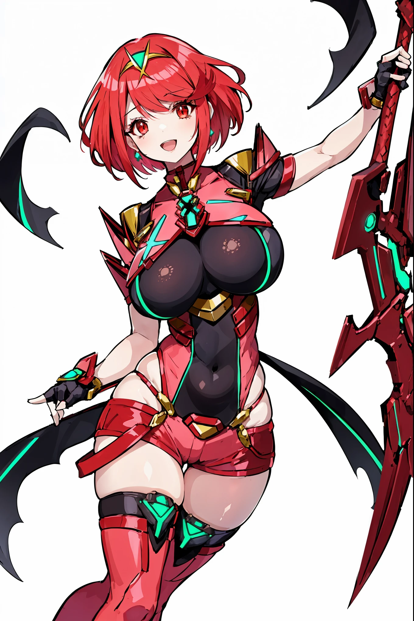 pyra \(xenoblade\), young__1girl, armor, bangs, black gloves, breasts, red eyes, closed mouth, earrings, eyelashes, fingerless gloves, floating hair, framed breasts, gem, gloves, hair ornament, headpiece, jewelry, big_breasts, leaning back, leotard, neon trim, official art, pose, red hair, red shorts, saitou masatsugu, short hair, short shorts, short sleeves, shorts, sidelocks, skin tight, solo, standing, swept bangs, thighhighs, tiara, night_prairie_background, turtleneck, underbust, vambraces, xenoblade chronicles \(series\), (xenoblade chronicles 2), apart_legs, fire_effect,dynamic_pose_fighting,light_smile, (plump:1.1), big_ass,huge_sword, hold_large_sword_hilt, solo, covered_nipples, covered_pussy,open_mouth,back_view,