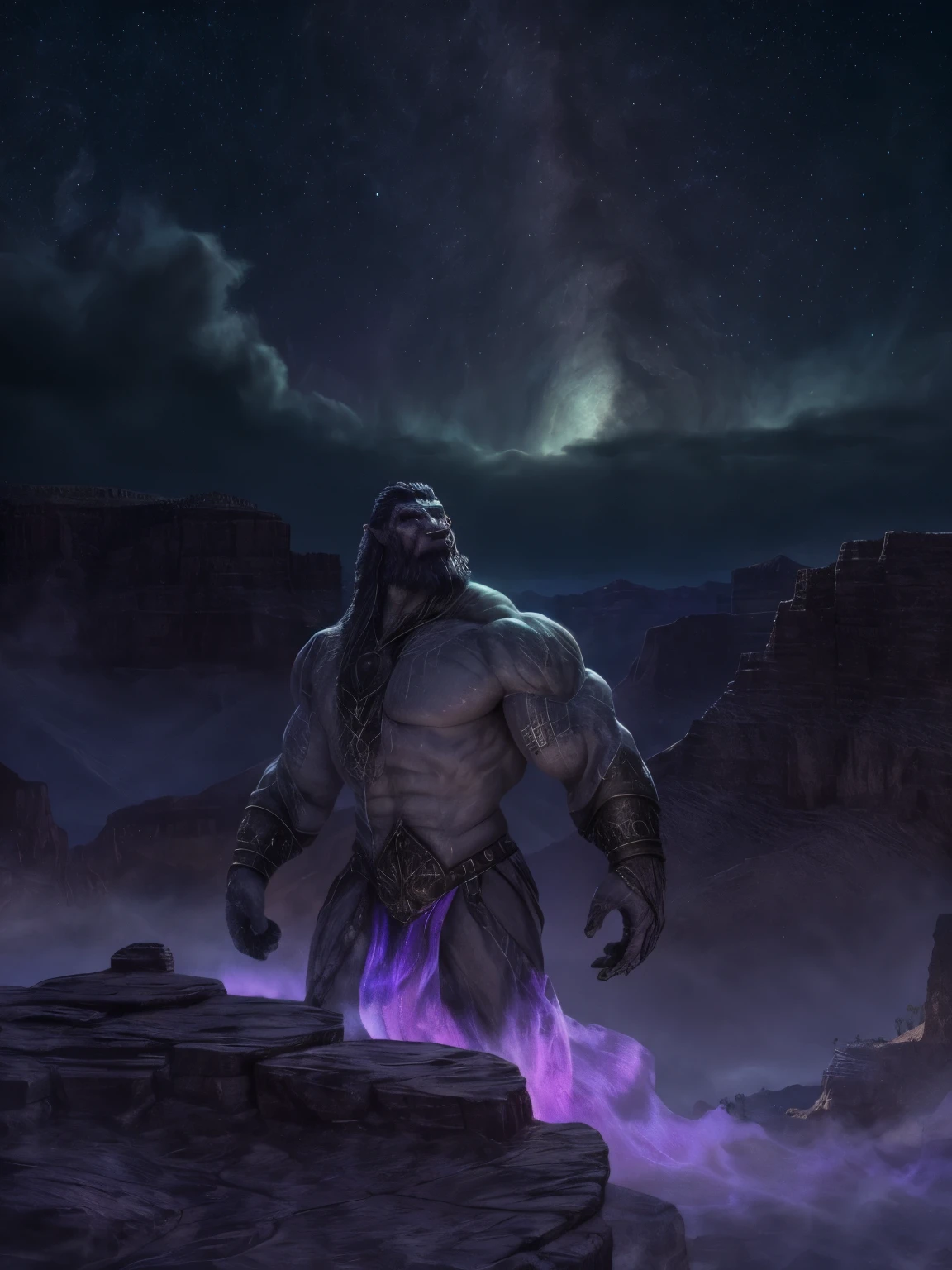 stone man,Humanoid,huge,Burly and strong,The Grand Canyon glows purple(Detailed background:1.2),High Detail, Blackstone,Ghostly sky。