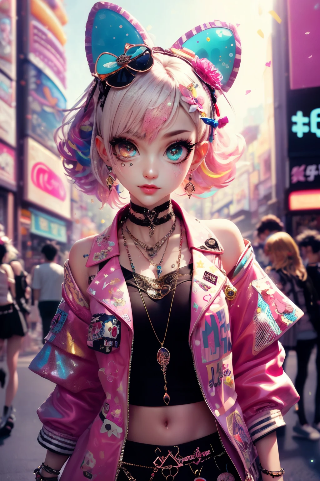 This is a colorful and ornate (masterpiece). Generate a trendy decora woman in the colorful and busy streets of cyberpunk Akihabara, Tokyo. Generate a lovely decora and cyberpunk adult woman in the style of Artstation and cyberpunk Harajuku street fashion. Her clothes are vibrant in the Harajuku style. Include oversized accessories, neon colors, and inventive layering. The woman's clothes and accessories should be highly ornate in the ((((Harajuku decora)))) and decora kei style. The woman's hair is curly and glossy and styled cutely. The woman's clothes and accessories should be highly ornate in the Harajuku decora and decora kei style. Her eyes are important and stunning, with interesting coloring and patterns. ((((iridescence and shimmer)))), glitter, best eyes, best quality, cyberpunk kei, visual kei, selfie, bold colors and patterns, LED lights, ((glowing neon signs)), ((ultra detailed)), dynamic composition, (((decora)))