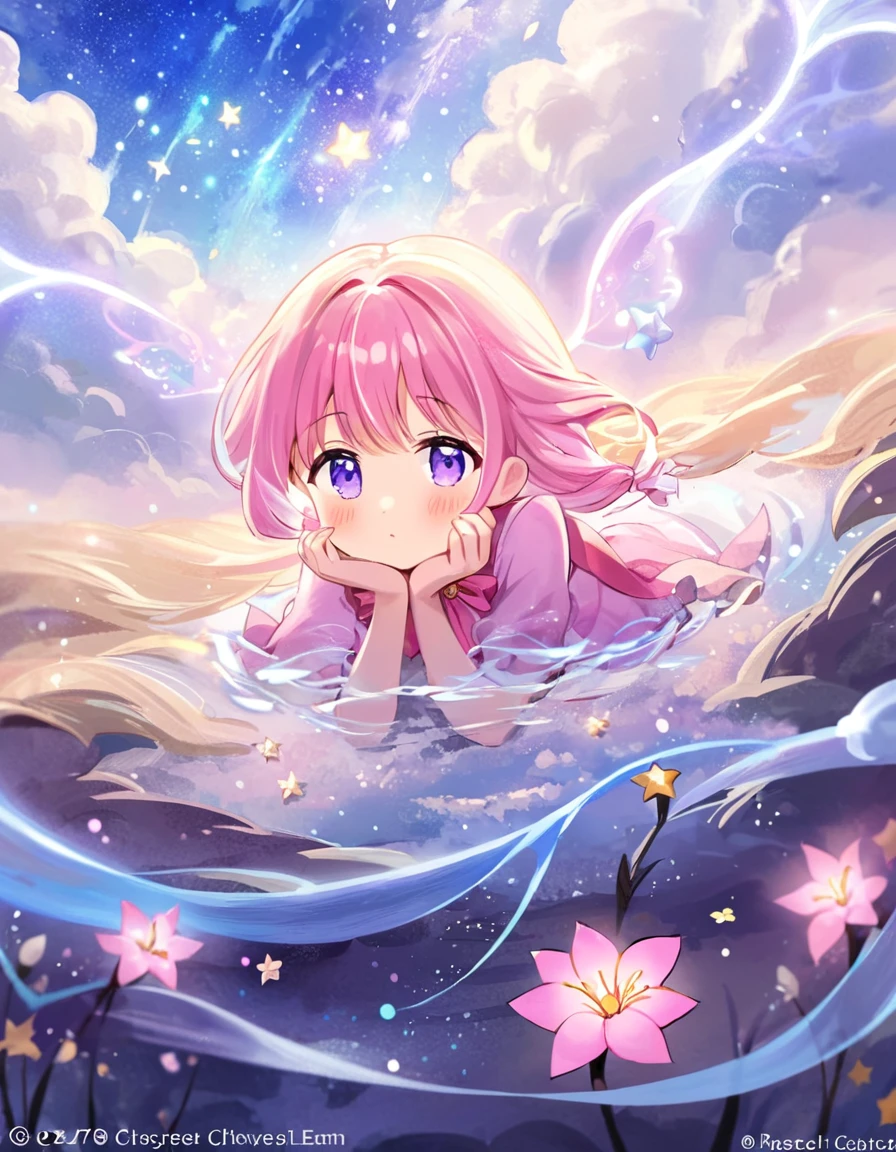 close up face, ethereal fantasy concept art of pink princess goes into a dream, fantastical and mystical world. The sky is dyed a deep blue-violet, with stars twinkling above. clouds drift slowly, occasionally emitting bursts of colorful light. On the ground, there are translucent flowers and a glowing stream, Inside the dream,  freely do things that are impossible in reality, symbolizing a world without limits, chibi, kawaii, cute, adorable, magnificent, celestial, ethereal, painterly, epic, majestic, magical, fantasy art, cover art, dreamy