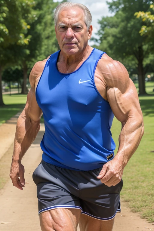(huge muscular old man), (massive muscle) there is a man that is running in the park (wearing tank top and shorts), he is about 6 0 years old, he is about 60 years old, he is about 7 0 years old, he is about 5 0 years old, he is about 50 years old, he is about 8 0 years old, 70 years old, 7 0 years old, huge muscular old man, bearded, anime face