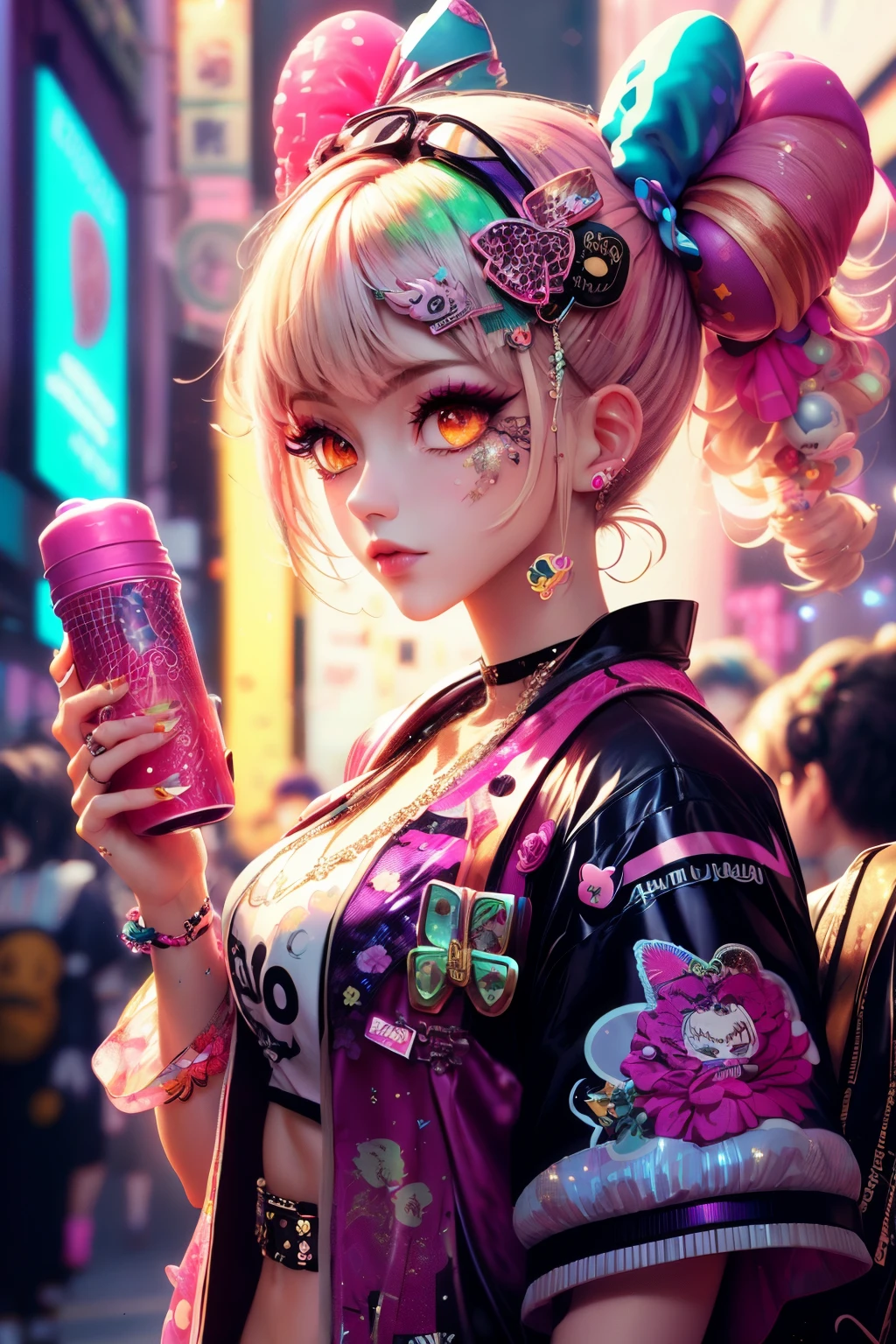This is a colorful and ornate (masterpiece). Generate a trendy decora woman in the colorful and busy streets of cyberpunk Akihabara, Tokyo. Generate a lovely decora and cyberpunk adult woman in the style of Artstation and cyberpunk Harajuku street fashion. Her clothes are vibrant in the Harajuku style. Include oversized accessories, neon colors, and inventive layering. The woman's clothes and accessories should be highly ornate in the ((((Harajuku decora)))) and decora kei style.  The woman's hair is curly and glossy and styled cutely. The woman's clothes and accessories should be highly ornate in the Harajuku decora and decora kei style. Her eyes are important and stunning, with interesting coloring and patterns. ((((iridescence and shimmer)))), glitter, best eyes, best quality, cyberpunk kei, visual kei, selfie, bold colors and patterns, LED lights, ((glowing neon signs)), ((ultra detailed)), dynamic composition, (((decora)))