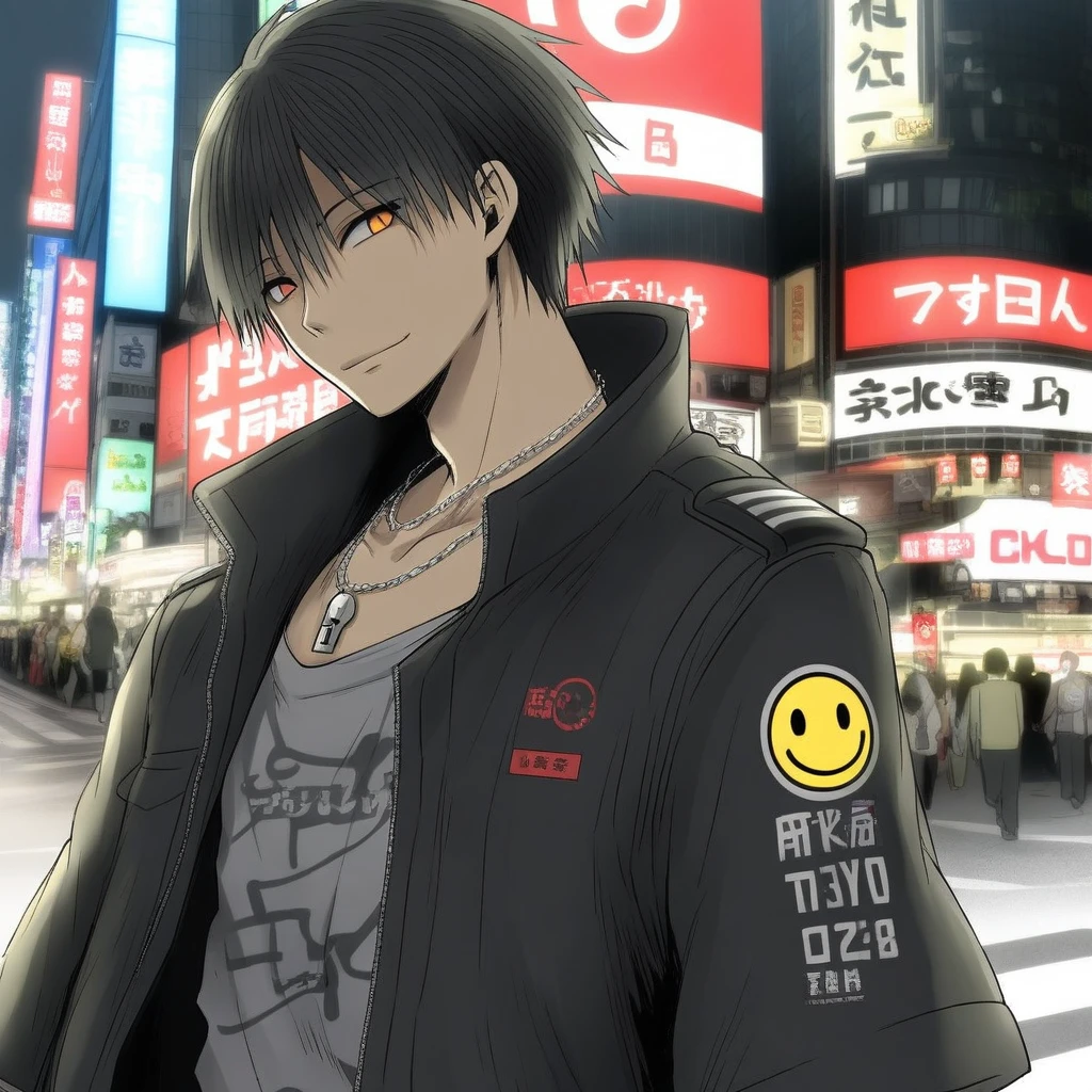 curtained hair, black hair, tsurime, smiley, male, brown eyes, jaqueta preta, camisa preta, neck chain, alone, tokyo