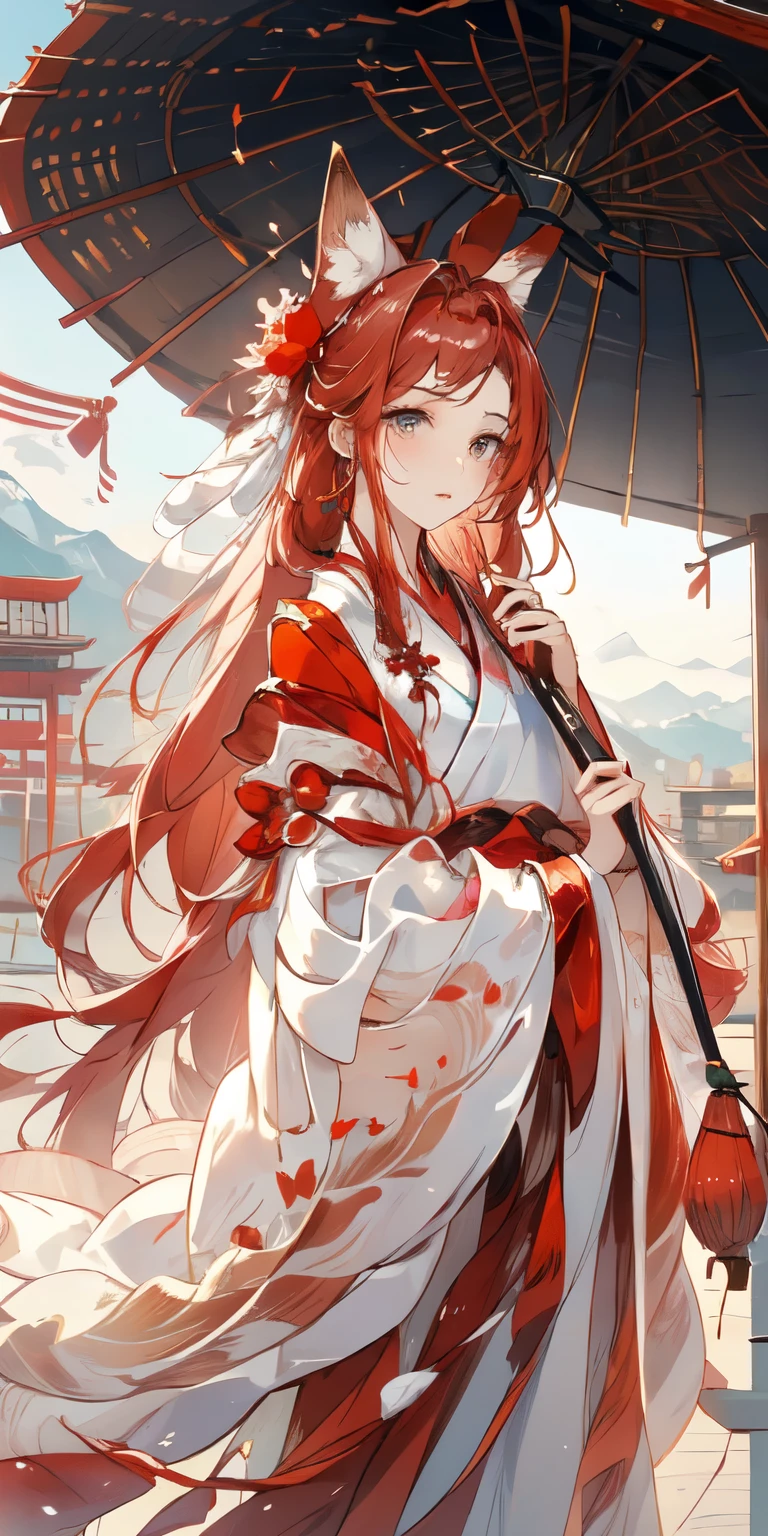 (masterpiece:1.2, best quality),(Color Background) (Delicate and beautiful eyes: 1.2), (Extremely detailed CG Unity 8K wallpaper, masterpiece, best quality, Super detailed, The best shadow), (Detailed background),  （（Red Hair）），Red Hair,（（Peach blossoms blooming all over the mountains））, （（Peach blossoms blooming all over the mountains））,(Beautiful and delicate face, Beautiful and delicate eyes), High contrast, (Optimal lighting, extremely delicate and beautiful),1 Girl,((Colorful paint splashes on transparent background, more,)), （（Red fox ears））,Dynamic Angle,Beautiful and delicate light,whole body, Cowboy shooting, （（Red Hair）），Red Hair，（（Red fox ears）），（Fox Tail），White Hanfu，White Hanfu，（Crane Wings），（（Crane Wings）），（（Peach blossoms blooming all over the mountains）），（（Holding an oil-paper umbrella）），Small boat，Small boat