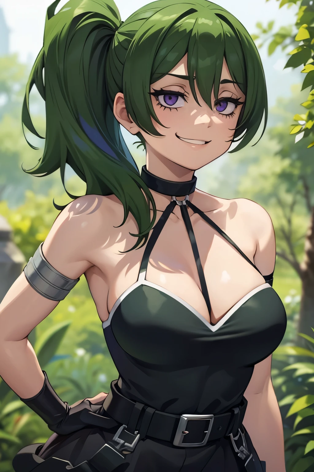 1 hot girl, green hair, side ponytail, purple eyes, grin, gorgeous, ubel, hands behind back, mischievous, black dress, cleavage, belt, arm strap, single elbow glove, closeup, portrait, upper body, flat chest, at forest