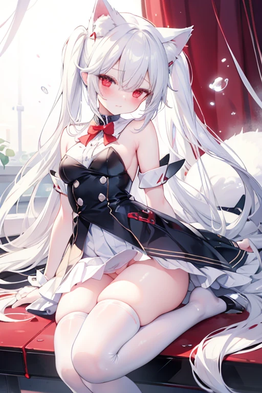 Long head with white hair, cute, red eyes, low cat ears, blushing, vaginal water, making sounds, panting, , white stockings, skirt pulled up, leaking out of the lower body