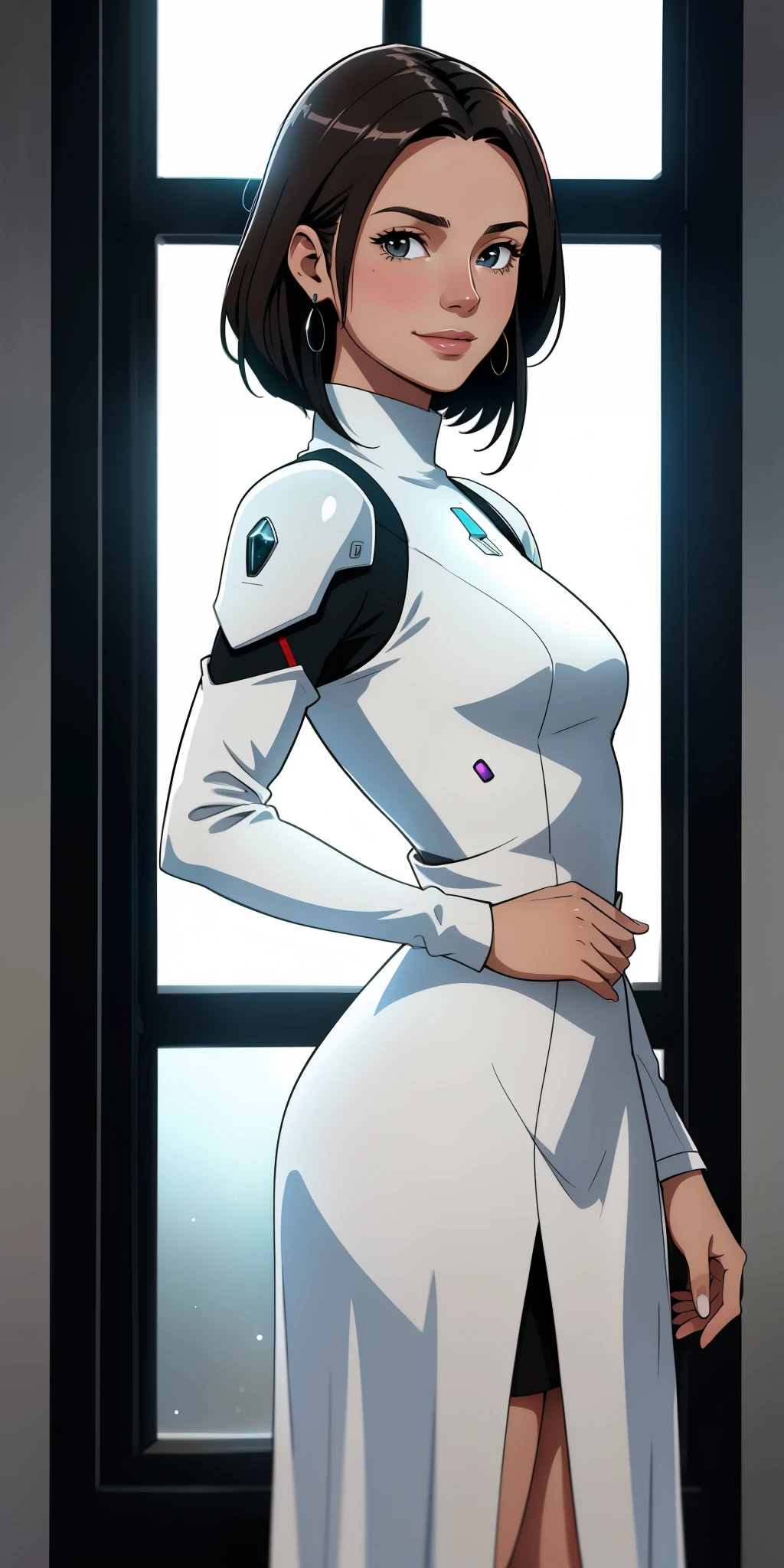 uma foto retrato de mulher jovem, vestido sci-fi, mulher negra, cabelo curto, corpo inteiro, nave espacial, fundo desfocado, smiling and looking at the camera, standingn, raios solares, window lighting, hdr, antialiased, 8k, sharpened details, (hdr:1.2), (cores silenciadas:1.2), foto RAW, grain of film, Fujifilm XT3,  [Victoria Beckham],[[KateBeckinsale]],[[[Jenna Coleman]]],[[[Tricia Helfer]]]