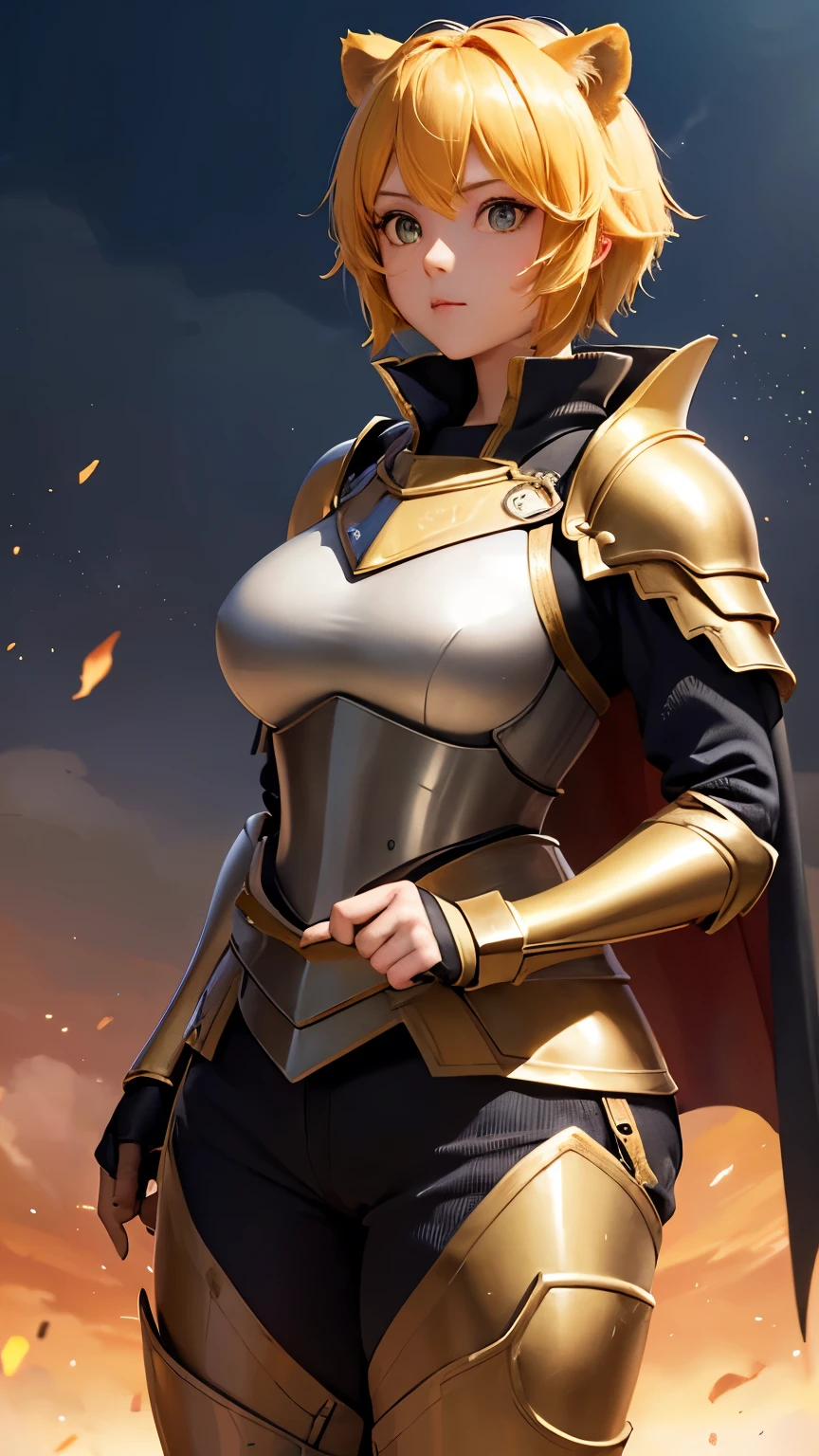 ((Highest quality))、((8K))、((Adventurer))、woman、Big eyes、Double、Soft、大人のwoman、whole body、(sword)、(armor)、((whole bodyarmor))、Lion ears、Yellow Hair、Short Hair、((battlefield))、Cape、((Real))、Big Breasts、pants、