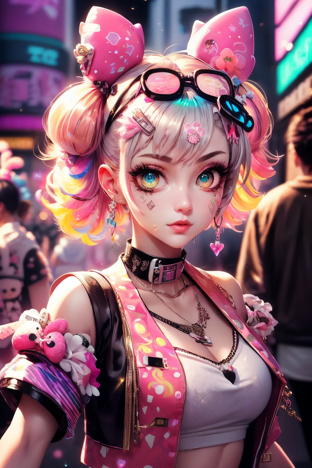 This is a cool cyberpunk and ornate (masterpiece). Generate a trendy decora woman in the colorful and busy streets of cyberpunk Akihabara, Tokyo. Generate a lovely decora and cyberpunk adult woman in the style of Artstation and cyberpunk Harajuku street fashion. Her clothes are vibrant in the Harajuku style. Include oversized accessories, neon colors, and inventive layering. The woman's clothes and accessories should be highly ornate in the ((((Harajuku decora)))) and cyberpunk kei style.  The woman's hair is curly and glossy and styled cutely. The woman's clothes and accessories should be highly ornate in the Harajuku decora and decora kei style. Her eyes are important and stunning, with interesting coloring and patterns. ((((iridescence and shimmer)))), glitter, best eyes, best quality, cyberpunk kei, visual kei, selfie, bold colors and patterns, LED lights, ((glowing neon signs)), ((ultra detailed)), dynamic composition, (((decora)))