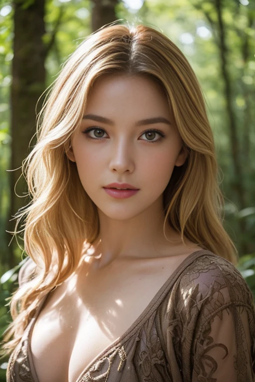, 25 ans, delicate, poudre de contour, sexy, in Amazon warrior outfit, intricate details, French touch, cheveux de longueur moyenne, cheveux blonds, yeux bleus, sourire romantique, seductive look, bonne couverture, de nuit, éclairée par les flashes des photographes, skin details, pores de la peau, sexy, Samsung S22 Ultra digital camera, dans une foret humide