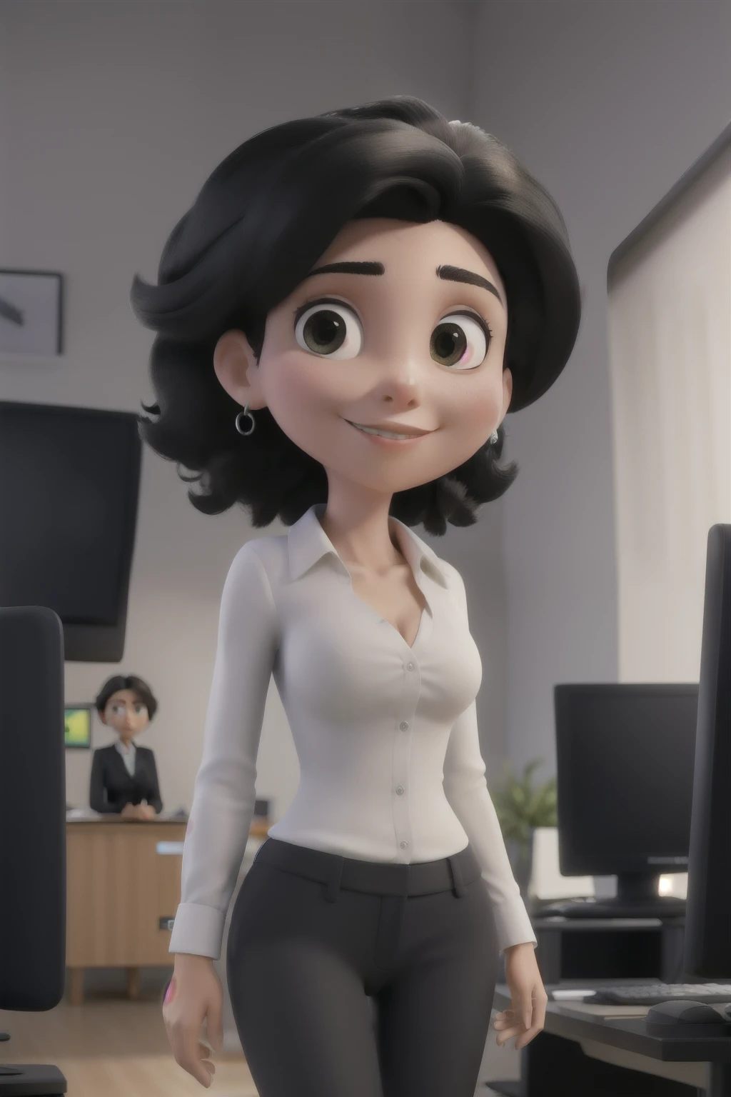 obra de arte, melhor qualidade, uma mulher magra, com olhos cor de mel, cabelo castanho claro curto no ombro, in black tailored clothing working on the computer in an agency, series A.