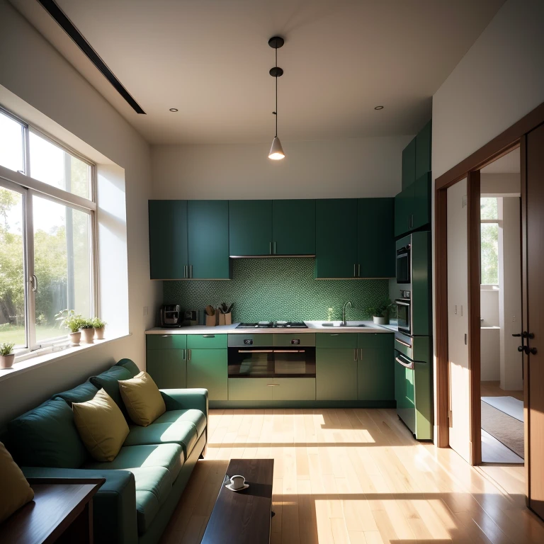Interior Design: A captivating perspective of a living room and an adjoining kitchen, where an island serves as the heart of culinary creations. Light pours in through generously sized windows, bathing the space in a warm, natural glow. The color palette is composed of light hues, subtly evoking a sense of tranquility and spaciousness.
Verdant vegetation brings life into the room, with lush greens complementing the modern furniture. The design is characterized by a minimalistic approach, with sleek lines and uncluttered surfaces. A skylight overhead casts an ethereal glow on the space, creating a dynamic interplay of light and