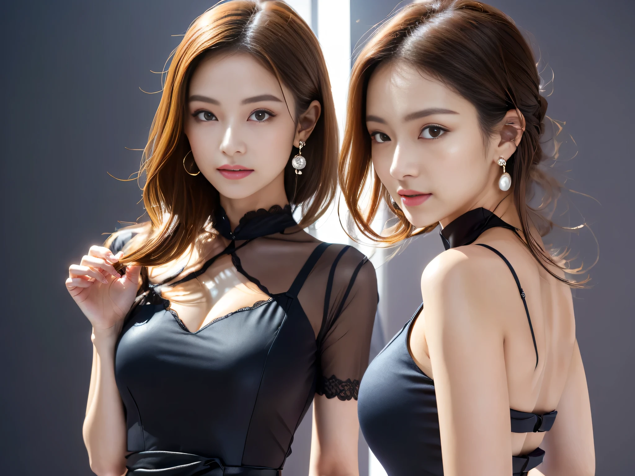 Generated in SFW, Real、(1 Female:1.5), （Face close-up:1.3）, (From the side:1.21), Japanese women, 28 year old supermodel, Skinny body, (very small head), (Very small face), (Perfect Anatomy:1.37), Make your body anatomically correct, (highest quality:1.4), 32k resolution, (Realistic:1.5), (超Real:1.5), (masterpiece:1.2)), (Improvement of quality:1.4),(Highest quality realistic skin texture:1.4), ((Shiny Dress:1.37)), Big earrings, Pearl Necklace, ((Black Background:1.15)), Accurate Fingers, Very detailed, Symmetrical eyes, Drooping eyes、Thin lashes, Sharpen your eyebrows, ((Very detailed portraits)), Red cheeks, 超Real eyes, Perfect Lips, Perfect Eyes, Perfect Iris, Natural Makeup, [Purple Lipstick], ((A great eye for quality:1.2)), (tired, Sleepy and satisfied:0.0), (Beautiful Lips:1.33), (Great nose:1.2), (Flat Chest), Tight waist, (Slim lower body), Brown Hair, (French twist hair:1.37), (Hair Clip), ((Realistic)), ((Sharp focus)), (Highest Resolution), ((masterpiece)), Professional Cinema Lighting、（Perfect Body Proportions), (Perfect hands), （Perfect Fingers），(Oily skin:1.5)