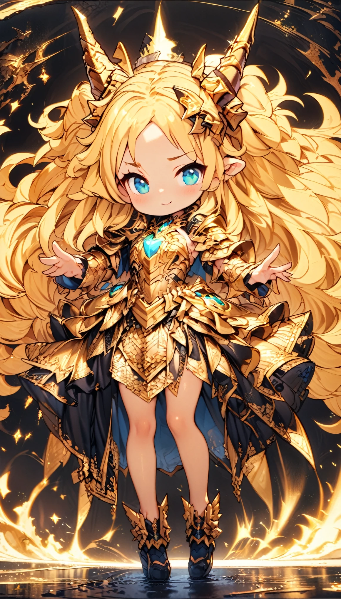 masterpiece, Best Quality, Very detailed, High resolution, Japanese anime、1girl, Blonde Hair、（Medium length hair：1.4）、Side braid hair, Curly Hair, Wavy Hair、, Drill Hair, Curly Outward Hair, Dragon Horn、（blue eyes：1.5）、（Beautiful detailed eyes：1.4）、Laughter、、3 heads, original character, Fantasy、（Black Background：1.2）、(full body:1.8)、Beautiful fingers, Are standing、（Gold Lace Frill Armor Dress：1.5）、（Jeweled Headgear：1.5）、Photographed from the front, View your viewers