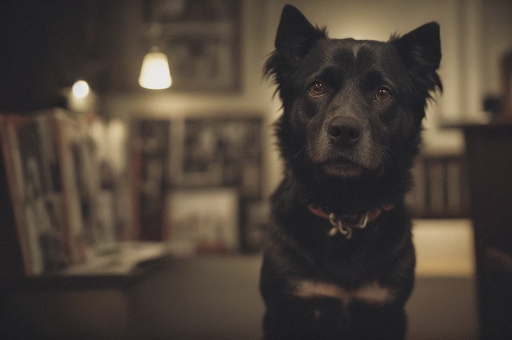 (close-up, editorial photograph of [[a black dog, (masterpiece:1.2), wide angle photo]], (background inside dark, moody, private study:1.3), portrait, by lee jeffries, nikon d850, film stock photograph, 4 kodak portra 400, camera f1.6 lens, rich colors, hyper realistic, lifelike texture, dramatic lighting, cinestill 800