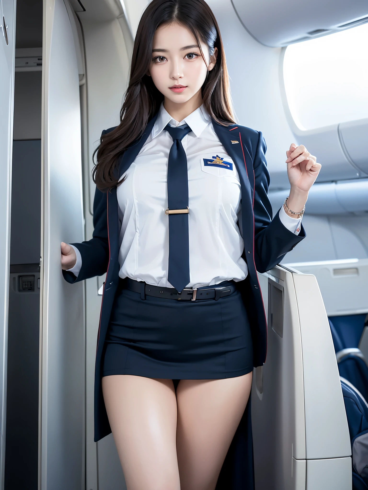 Top Quality, Masterpiece, 8K, Ultra High Definition, (Photorealistic: 1.4), 1 Girl, Beautiful Face, Symmetrical Eyes, Big, Perfect Body Proportions, Stewardess Uniform, Viewer's Look, (Inside the Airplane: 1.2), Front View, Shoulder Jump, Absolute Area (1.3),