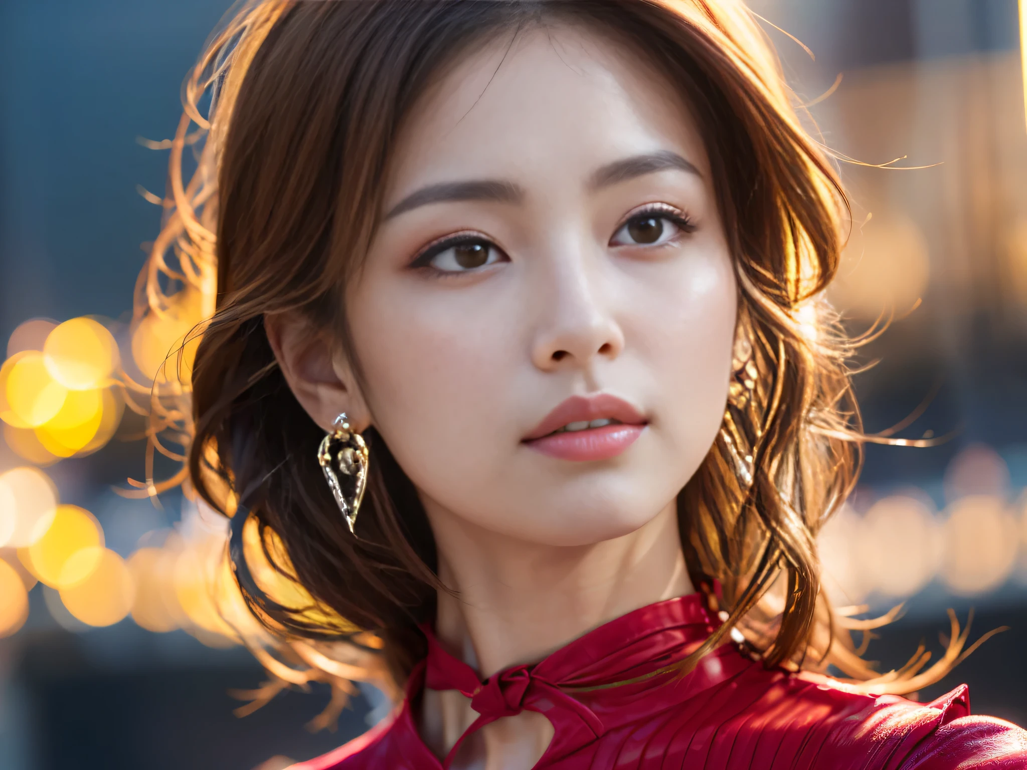 Generated in SFW, Real、(1 Female:1.5), （Face close-up:1.3）, (From the side:1.21), Japanese women, 28 year old supermodel, Skinny body, (very small head), (Very small face), (Perfect Anatomy:1.37), Make your body anatomically correct, (highest quality:1.4), 32k resolution, (Realistic:1.5), (超Real:1.5), (masterpiece:1.2)), (Improvement of quality:1.4),(Highest quality realistic skin texture:1.4), ((Shiny Dress:1.37)), Big earrings, Pearl Necklace, ((Black Background:1.15)), Accurate Fingers, Very detailed, Symmetrical eyes, Drooping eyes、Thin lashes, Sharpen your eyebrows, ((Very detailed portraits)), Red cheeks, 超Real eyes, Perfect Lips, Perfect Eyes, Perfect Iris, Natural Makeup, [Purple Lipstick], ((A great eye for quality:1.2)), (tired, Sleepy and satisfied:0.0), (Beautiful Lips:1.33), (Great nose:1.2), (Flat Chest), Tight waist, (Slim lower body), Brown Hair, (French twist hair:1.37), (Hair Clip), ((Realistic)), ((Sharp focus)), (Highest Resolution), ((masterpiece)), Professional Cinema Lighting、（Perfect Body Proportions), (Perfect hands), （Perfect Fingers），(Oily skin:1.5)