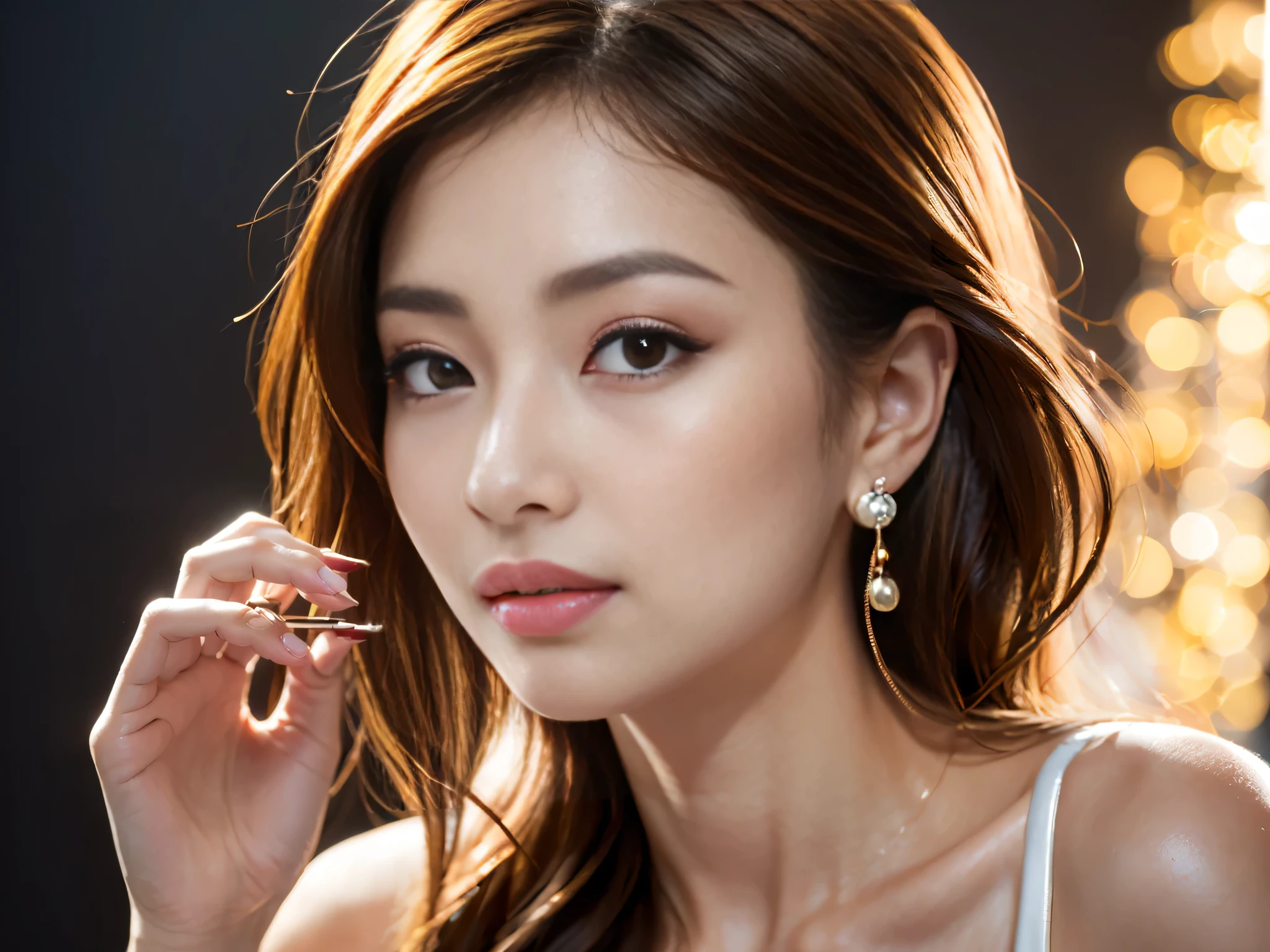 Generated in SFW, Real、(1 Female:1.5), （Face close-up:1.5）, (From the side:1.21), Japanese women, 28 year old supermodel, Skinny body, (very small head), (Very small face), (Perfect Anatomy:1.37), Make your body anatomically correct, (highest quality:1.4), 32k resolution, (Realistic:1.5), (超Real:1.5), (masterpiece:1.2)), (Improvement of quality:1.4),(Highest quality realistic skin texture:1.4), ((Shiny Dress:1.37)), Big earrings, Pearl Necklace, ((Black Background:1.15)), Accurate Fingers, Very detailed, Symmetrical eyes, Drooping eyes、Thin lashes, Sharpen your eyebrows, ((Very detailed portraits)), Red cheeks, 超Real eyes, Perfect Lips, Perfect Eyes, Perfect Iris, Natural Makeup, [Purple Lipstick], ((A great eye for quality:1.2)), (tired, Sleepy and satisfied:0.0), (Beautiful Lips:1.33), (Great nose:1.2), (Flat Chest), Tight waist, (Slim lower body), Brown Hair, (French twist hair:1.37), (Hair Clip), ((Realistic)), ((Sharp focus)), (Highest Resolution), ((masterpiece)), Professional Cinema Lighting、（Perfect Body Proportions), (Perfect hands), （Perfect Fingers），(Oily skin:1.5)