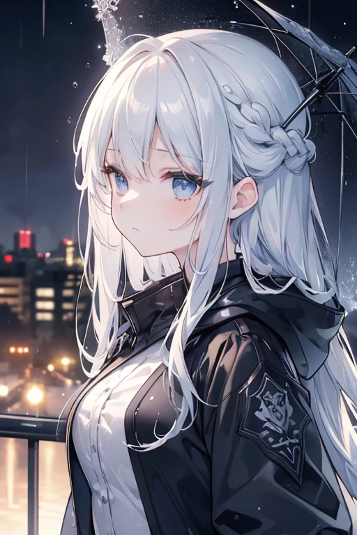 (Masterpiece:1.21), (Best quality:1.331), ((Ultra-detailed)), ((extremely best illustration)), ((Amazing)), (hyper qualit), Gorgeous and rich graphics,
(Extremely delicate and beautiful:1.21), 8K, the wallpaper, (extremely beautiful lighting), hard light, Delicate composition, (Perfect positioning), (extremely beautiful and detailed background:1.21), Rembrandt style expression of light and shadow, Dark tone, (Low profile, high differential color levels), ((Depth of field)), deepshadow,
Dynamic Angle, From the side Side, Upper body, Radial blur,
rain, (City lights, The background is blurred out),
(1girll),(Beautiful detailed eyes), Clear blue eyes, Long silver French braided hair,
camouflage uniform,
Transparent raincoat, Wet clothes and wet skin and dripping wet hair,
Lens flare, String Light, street,, Masterpiece, Best quality,