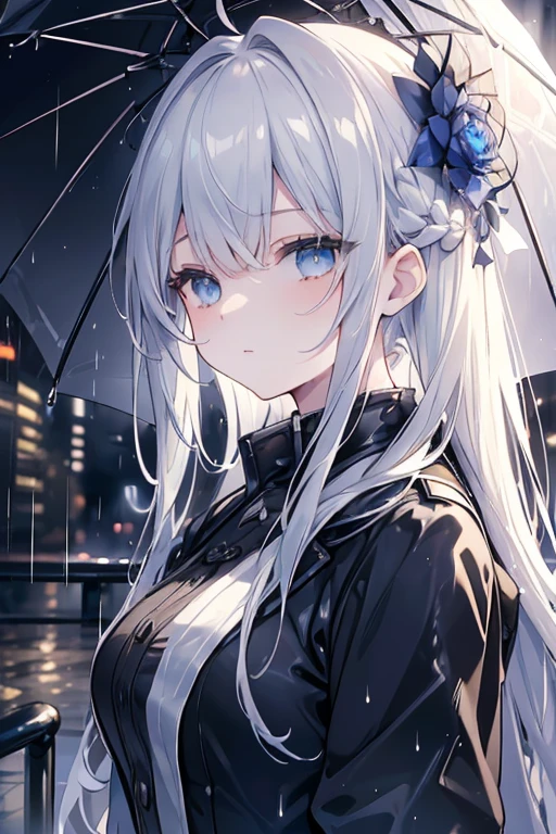 (Masterpiece:1.21), (Best quality:1.331), ((Ultra-detailed)), ((extremely best illustration)), ((Amazing)), (hyper qualit), Gorgeous and rich graphics,
(Extremely delicate and beautiful:1.21), 8K, the wallpaper, (extremely beautiful lighting), hard light, Delicate composition, (Perfect positioning), (extremely beautiful and detailed background:1.21), Rembrandt style expression of light and shadow, Dark tone, (Low profile, high differential color levels), ((Depth of field)), deepshadow,
Dynamic Angle, From the side Side, Upper body, Radial blur,
rain, (City lights, The background is blurred out),
(1girll),(Beautiful detailed eyes), Clear blue eyes, Long silver French braided hair,
camouflage uniform,
Transparent raincoat, Wet clothes and wet skin and dripping wet hair,
Lens flare, String Light, street,, Masterpiece, Best quality,
