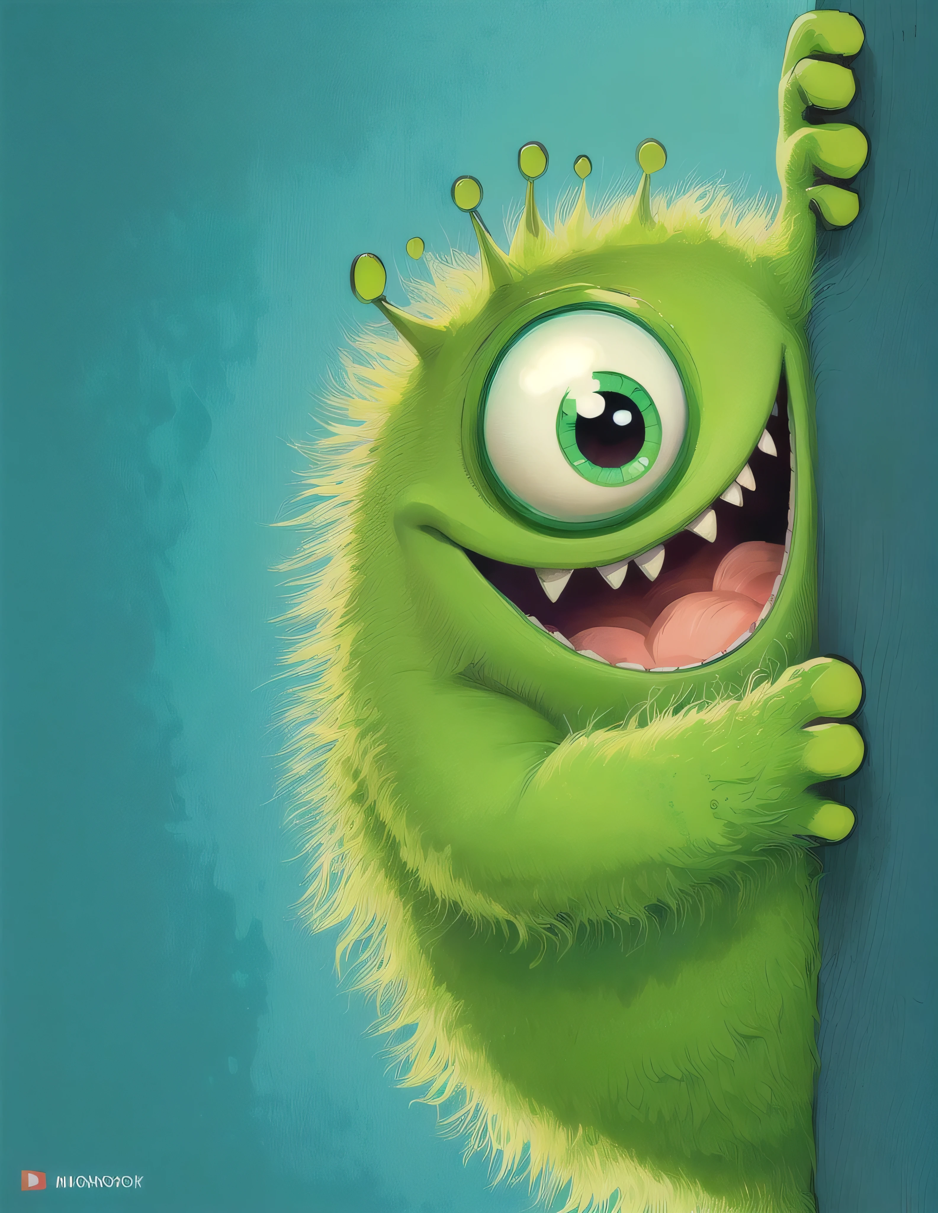 cartoon monster with big eyes peering from behind a wall, monstro fofo, portrait of a monstro fofo, furry friendly monster, monstro fofo character design, Maurice Wazowski, criatura de desenho animado, Monstro sorridente de dentes grandes, design de personagens fofos da pixar, arte de monstro, projeto de monstro, personagem fofo da pixar, monstro fofos, design de personagens de monstros, monstros inc pixar, Criatura fofa