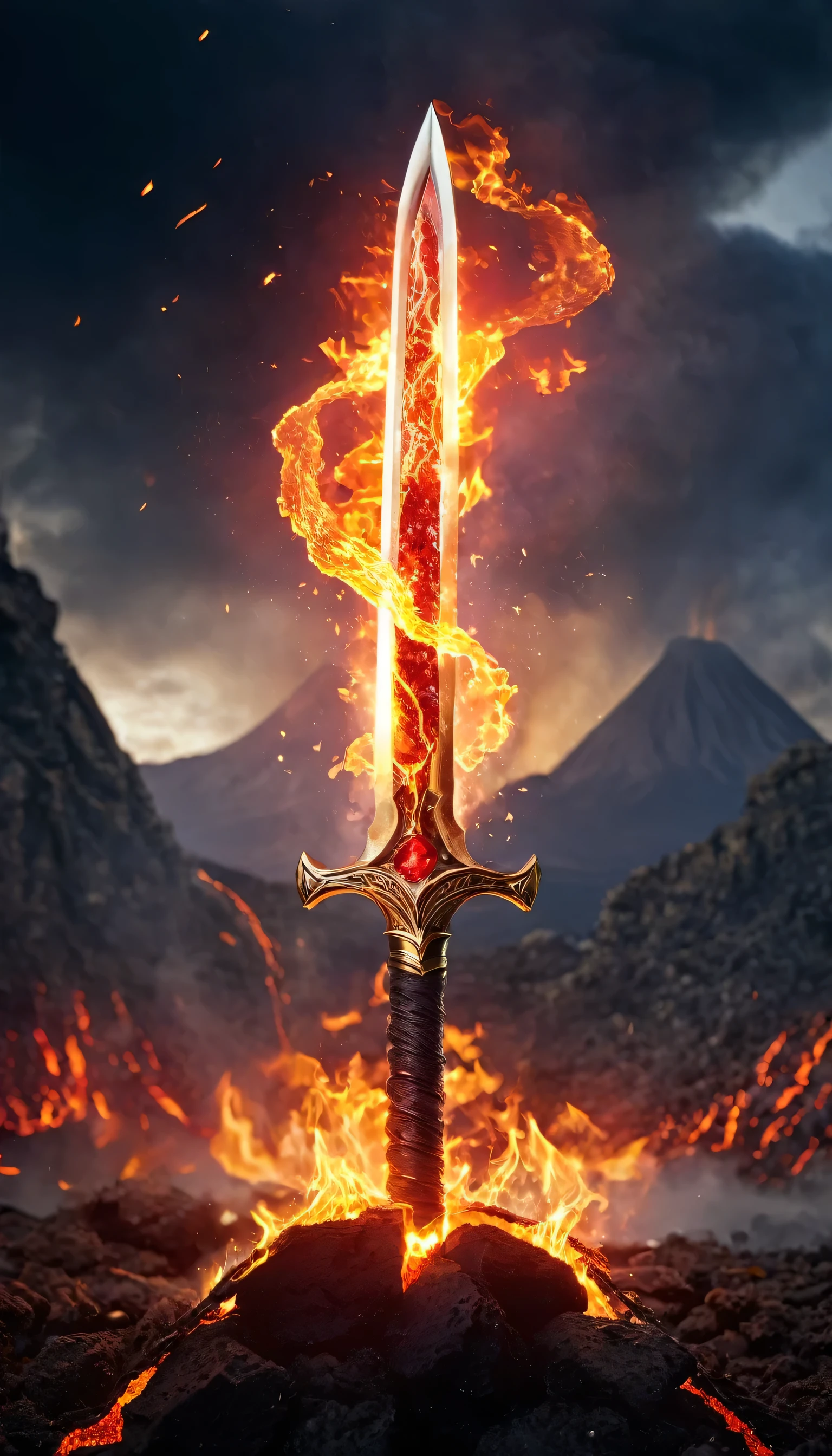 Garnet Blade of Flame, The Garnet Blade appears as a fiery scimitar forged from molten lava, its blade shimmering with deep red hues, Embedded within its thin hilt is a pulsating garnet gemstone channeling the essence of fire, With a swing it conjures infernal flames capable of engulfing foes in blistering heat, Its power intensifies under the sun's rays igniting into an unstoppable blaze that leaves nothing but ashes in its wake, masterpiece, best quality, hyper detailed, ultra detailed, UHD, dof, hyper-realism, majestic, awesome, inspiring, cinematic, deep blacks, cinematic composition, soft shadows, national geographic style, wide shot, long shot, far away, bokeh, detailed background, volcano ruins, volcano flowing lava,
