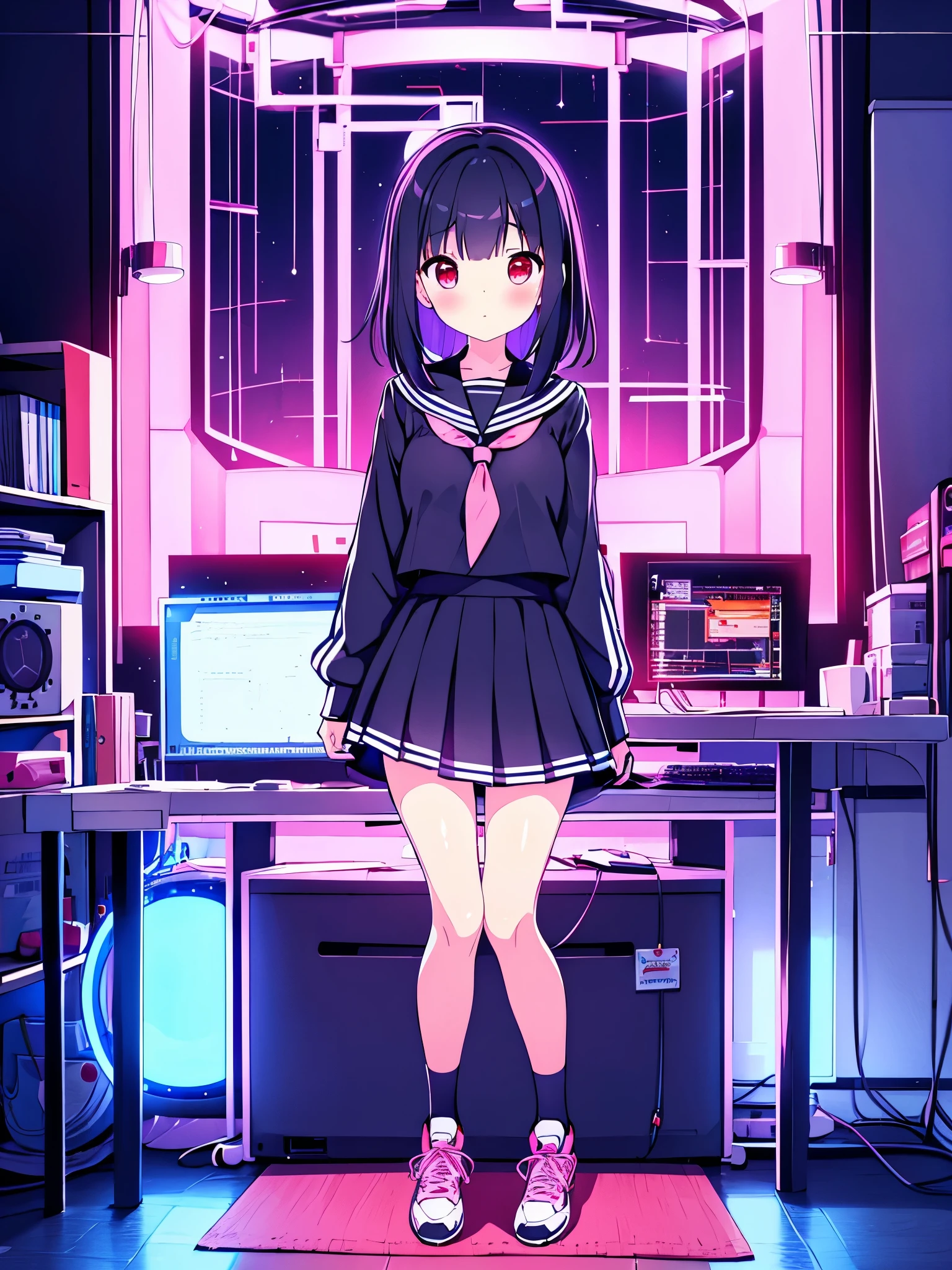 beautiful girl incredible quality 4k vtuber with red eyes multiple color blue and black hair con cinta rosa  Short pleated skirt long sleeve sailor style blouse long white stockings pink tennis shoes with black vtuber youtuber en habitación estudio de grabacion pc gamer de fondoi con micrófono y luces LED rgb cyberpunk 