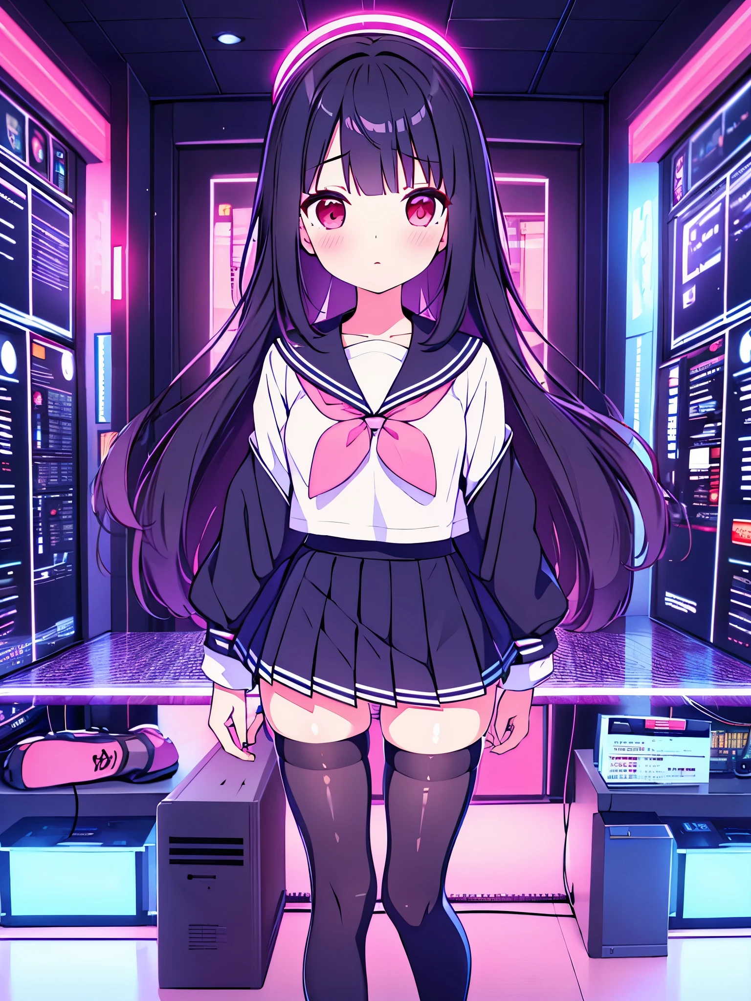 beautiful girl incredible quality 4k vtuber with red eyes multiple color blue and black hair con cinta rosa Short pleated skirt long sleeve sailor style blouse long white stockings pink tennis shoes with black vtuber youtuber en habitación estudio de grabacion pc gamer de fondoi con micrófono y luces LED rgb cyberpunk