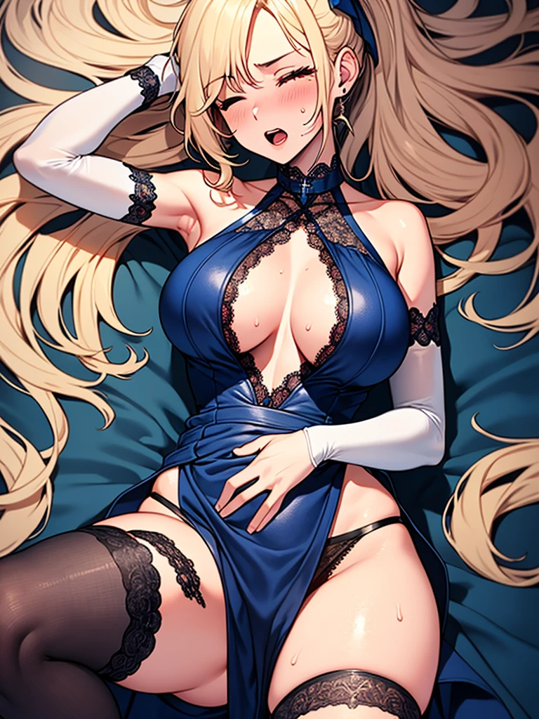 (highest quality, High resolution, perfect pixel, Depth of bounds written, 4K), (from above), hotel room, detailed eyes, (1 lady), tall, (skinny body:1.2) , (thin thighs:1.2), large breasts, (side boob), blond hair, (ponytail:1.2), (midnight blue one side slit dress:1.2), (sleeveless), cross halter, bare back, elbow gloves, (lace legwear:1.2), (lying on back:1.2), (knee up), arm up, (sad), (crotch grab:1.2), blush, open mouth, one eye closed, sweat, panty shot,