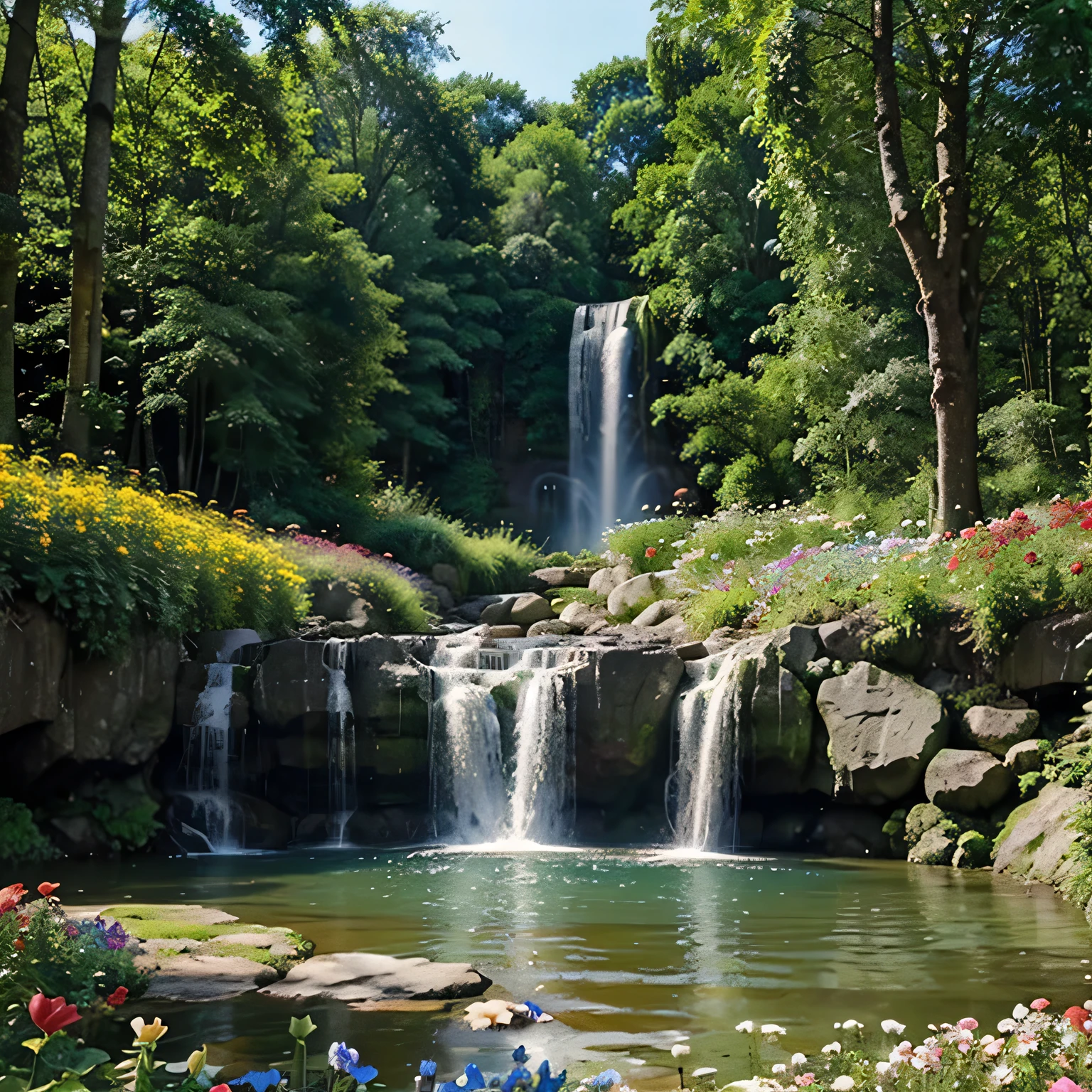 big serene forest flower garden with water flow, water fall nearby  picture is taken from very far with full view of the nature with colorful of  flowers and a beautiful couple in a swing near the water flow, couples should be very very small compared the nature
