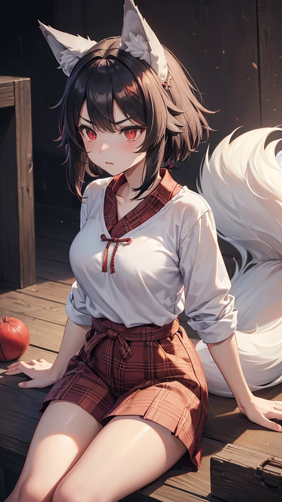 ((1girl, wolf girl, Okami girl, wolf ears, wolf tail, fluffy tail, fluffy ears, large tail, one tail, [tail attached to tailbone])) teenager, scar on right cheek, black hair with red highlights, neck length hair, blood red eyes, red plaid flannel shirt, white t-shirt under flannel, tan cargo shorts, modestly dressed, strong, beautiful, athletic, annoyed expression, clean fingers, well-formed fingers, no extra limbs, high detail, romanticism, film lighting, ray tracing, motion rye, uhd, high detail, top quality, 8k, sitting down, safe for work, facing viewer,