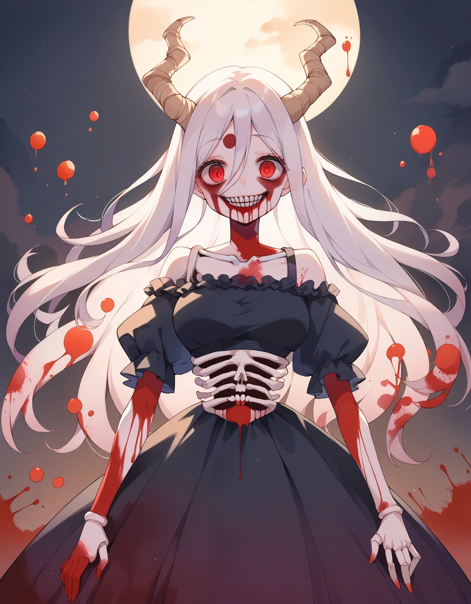 score_9, score_8_up, score_7_up, score_6_up, source_anime,  Masterpiece, Hyper detailed, Best quality, UHD, Ultra high resolution, (16K), (((Watercolor))), ((anatomically correct)), 1 woman, Horror smile Expression, ((Hyper detailed Blood dress, ribcage, skeleton, eye on stomach)), Beautiful face, Busty, Curvy, (Hyper detailed eyes, Red eyes), Longeyelashes, Jewellery, Makeup, Facepaint, Horns, ((Long Hair, White Hair, straight hair)), {{{Dark Lighting}}}, ((Horror setting, Gore, blood splatter, Blood)), AGGA_ST009