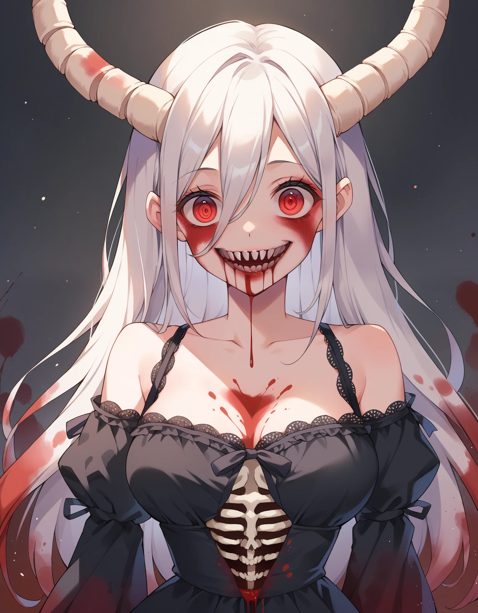 score_9, score_8_up, score_7_up, score_6_up, source_anime,  Masterpiece, Hyper detailed, Best quality, UHD, Ultra high resolution, (16K), (((Watercolor))), ((anatomically correct)), 1 woman, Horror smile Expression, ((Hyper detailed Blood dress, ribcage, skeleton, eye on stomach)), Beautiful face, Busty, Curvy, (Hyper detailed eyes, Red eyes), Longeyelashes, Jewellery, Makeup, Facepaint, Horns, ((Long Hair, White Hair, straight hair)), {{{Dark Lighting}}}, ((Horror setting, Gore, blood splatter, Blood)), AGGA_ST009