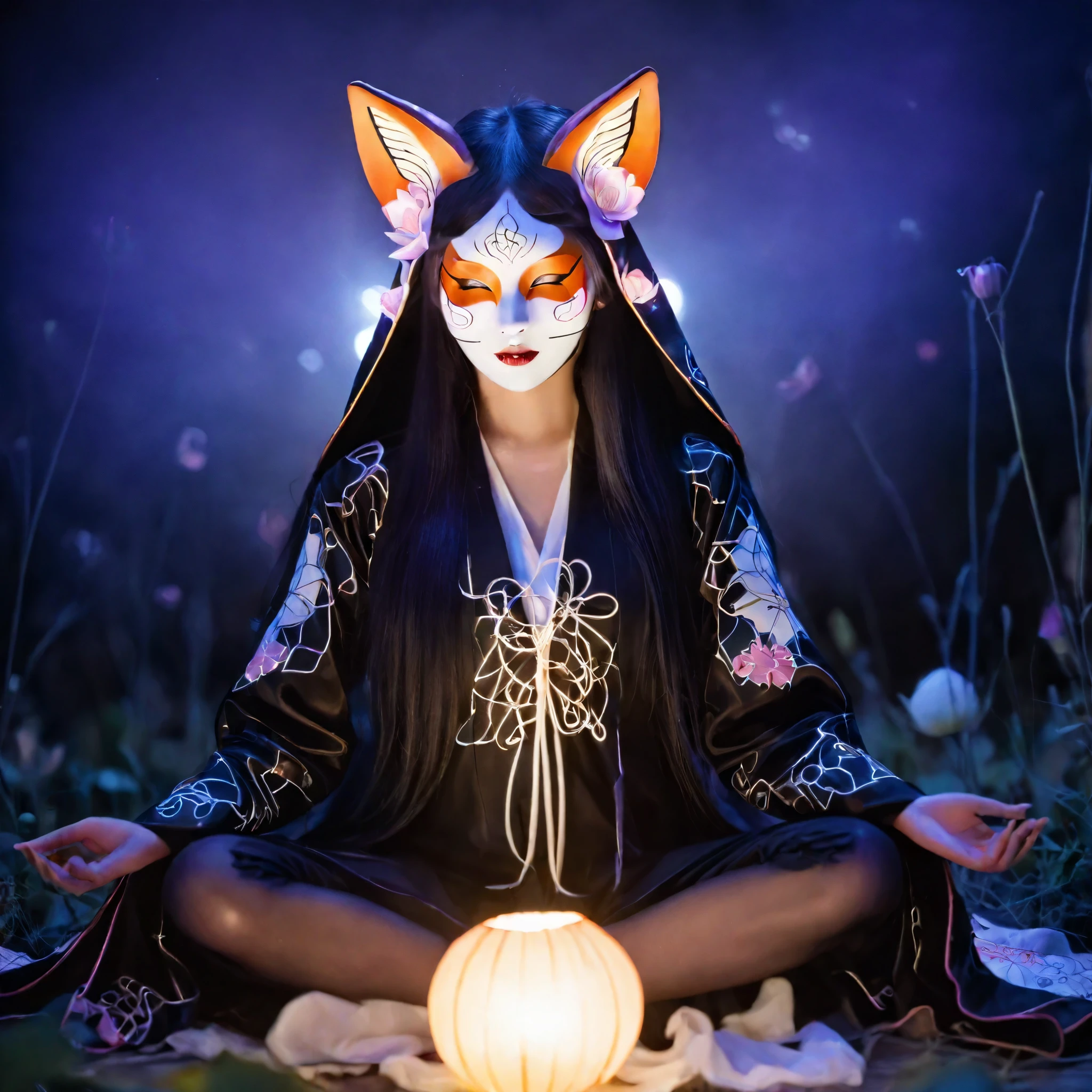 fullbody Photography of lotus pose girl,Raw, cinematic shot, (sharp focus:1.5), (photorealistic:1.4), twilight lighting, volumetric lighting, ultra high res, 16K,dramatic lighting, abstract backgrounds:1.5)(zentangle,datura,Tangles,entangled:0.7)Kitsune witch,kitsune mask,Haori jacket, foxfire spell, fox family, transformation, depth of field, Fantastical Atmosphere, The most beautiful form of chaos, ellegance, Dark theme of Fauvist design, Flower of Death, Flowers of ecstasy,Glowing Line,Glow Example,Tracking example,flash, Backlight,translucent,light particles