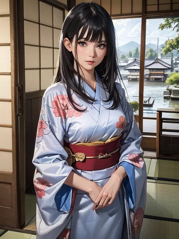 (highest quality、8K、32k、masterpiece)、(masterpiece,newest,exceptional:1.2), anime,1girl,bangs,black_hair, beautiful 8k eyes,cloud,day,dress,looking_at_viewer,outdoors,red_neckwear,red_ribbon,ribbon,river,short_hair,short_sleeves,sky,skyscraper,solo,standing,town,water、((Very beautiful woman, Fuller lips, Japanese pattern kimono))、((Colorful Japanese kimono)))、(((Medium Shot)))、Blunt bangs、(High resolution)、、very beautiful face and eyes、1 girl 、round and small face、thin waist、delicate body、(highest quality high detail Rich skin details)、(highest quality、8K、oil paint:1.2)、Super detailed、(realistic、realistic:1.37)、bright colors、(((Black Hair)))、(((Long Hair)))、(((Cowboy photos)))、((( Inside an old Japanese house)))、(masterpiece, top quality, best quality, official art, beautiful and aesthetic:1.2), (1girl), extreme detailed,(fractal art:1.3),colorful,highest detailed,Sengoku period(High resolution)、Very beautiful face and eyes、1 girl 、Round and small face、Narrow waist、Delicate body、(highest quality high detail Rich skin details)、(highest quality、8k、Oil paint:1.2)、(Realistic、Realistic:1.37)、