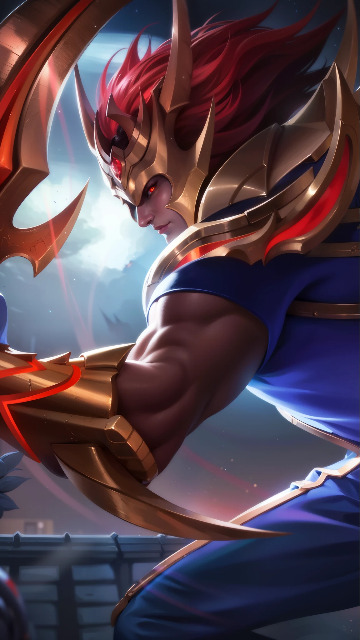 a man with a sword in her hand, Masterpiece, ultra HD, detailed all picture, a close up of a devil, dyrroth from mobile legend, evil, extremely detailed artgerm, mobile legends character, inspired by Dyrroth, Six pack chest and abs, black jewel above the chest, light red eyes, glare.