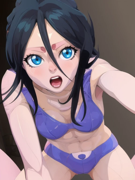(masterpiece, best quality:1.2), 1girl, solo, monster girl, female alien, upward hair, horns, blue sharp eyes, spikes, dark golden skin, Sil, Species alien woman, Sil Species Alien Woman, straddling, POV, open mouth